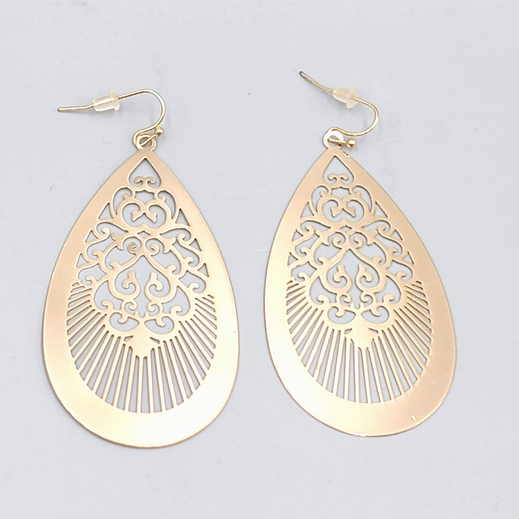 Large Gold tone Teardrop Pierced Earrings Open Work Dangle Thin 2.5"