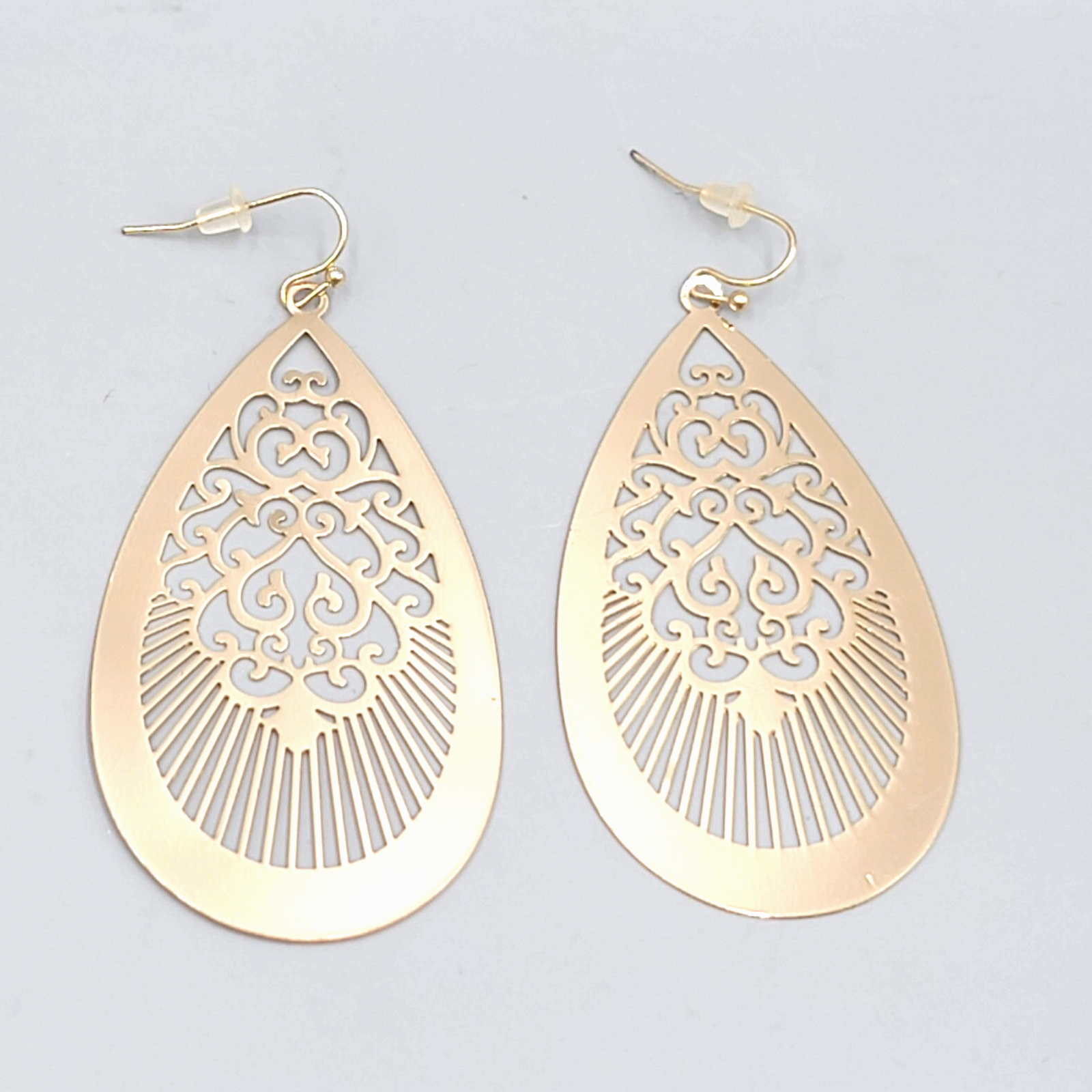 Large Gold tone Teardrop Pierced Earrings Open Work Dangle Thin 2.5"