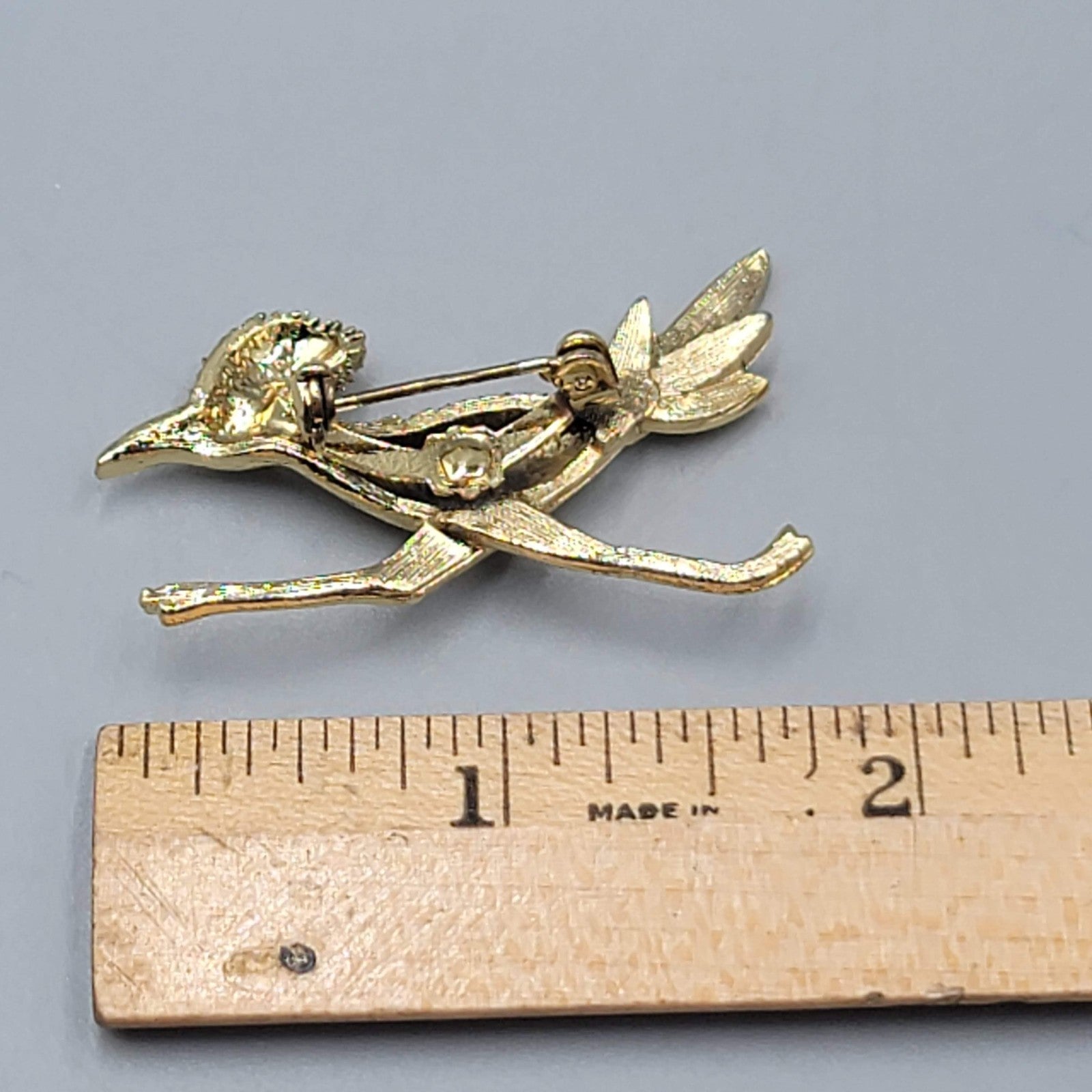 Vintage Roadrunner Brooch Gold tone Red Eye Estate Southwest NM AZ 1.75"