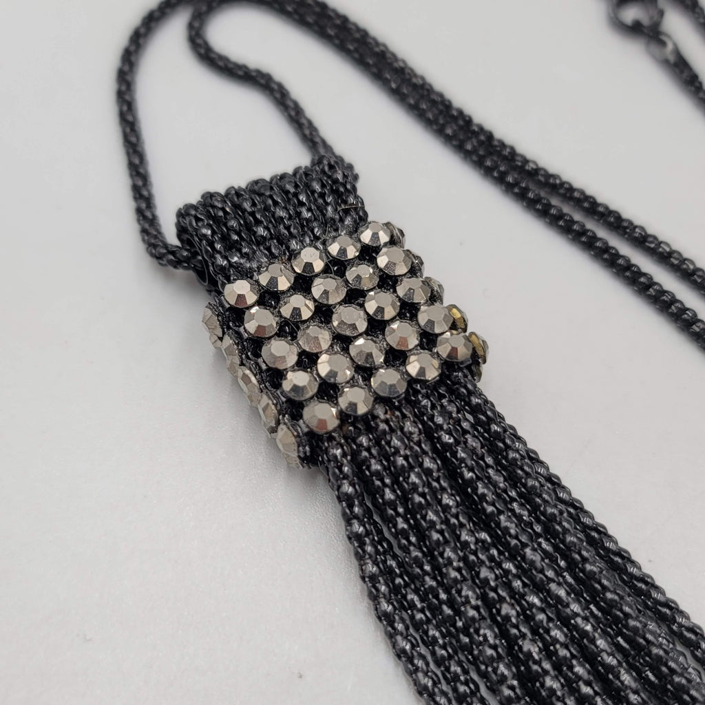 Black Metal Long Chain Tassel Necklace Black Rhinestones 26 in