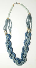 Vintage Blue Weaved Ringed Wooden Beaded Statement Necklace 26"