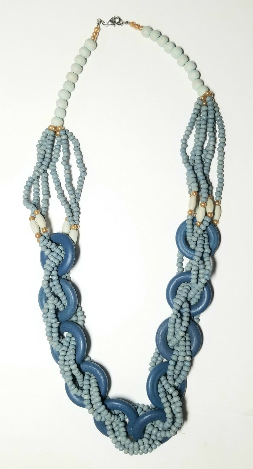 Vintage Blue Weaved Ringed Wooden Beaded Statement Necklace 26"