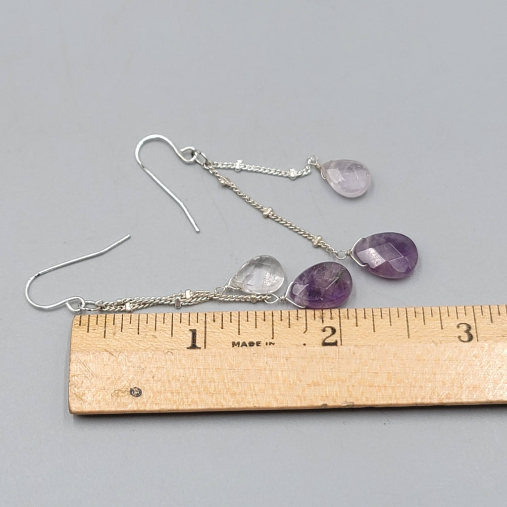 Quartz Amethyst Teardrop Pierced Earrings Silver tone Dangle  2 in