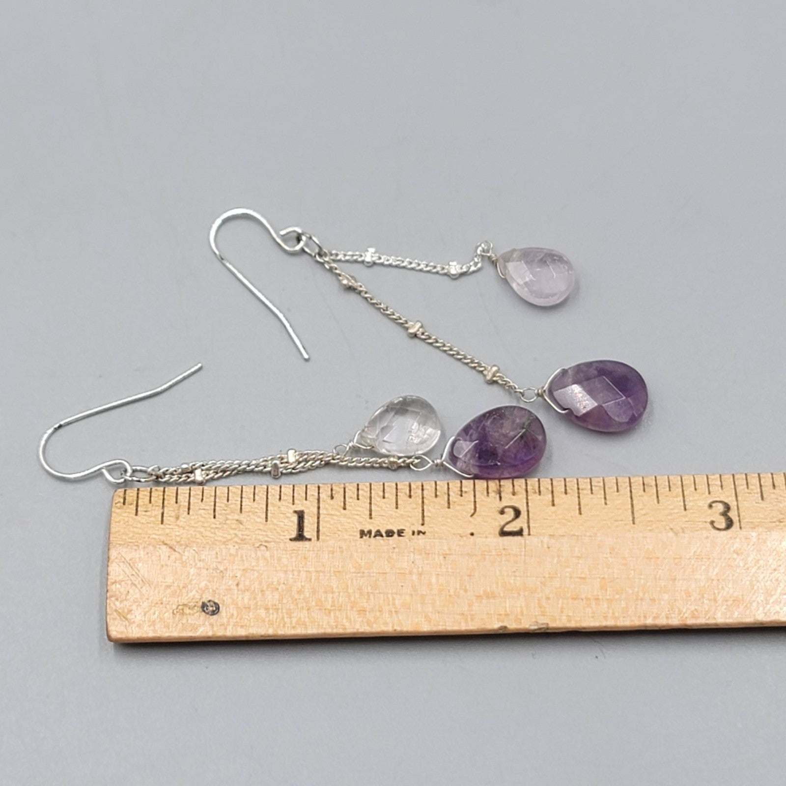 Quartz Amethyst Teardrop Pierced Earrings Silver tone Dangle  2 in