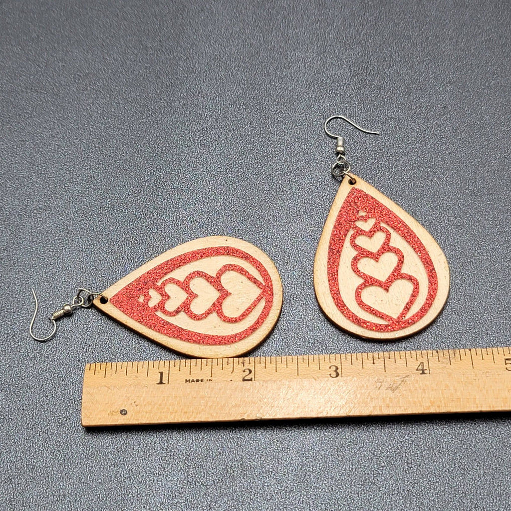 Pierced Earrings Laser Cut Wood Teardrop Red Glitter Hearts Dangle 2.25"