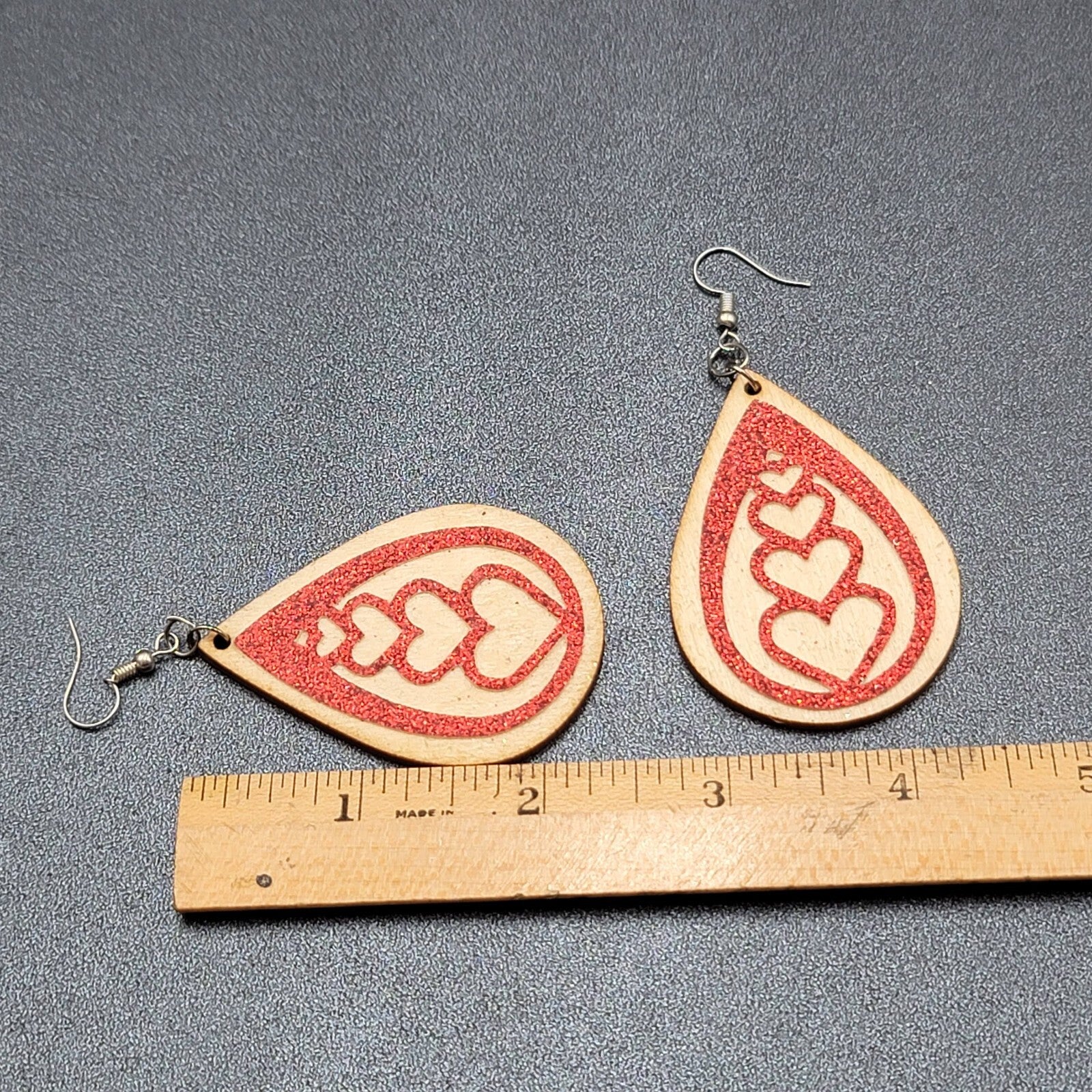 Pierced Earrings Laser Cut Wood Teardrop Red Glitter Hearts Dangle 2.25"
