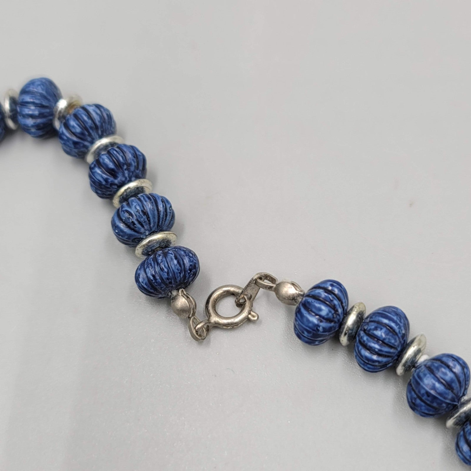 Vintage Textured Blue Bead Necklace Silver tone Spacers 24"