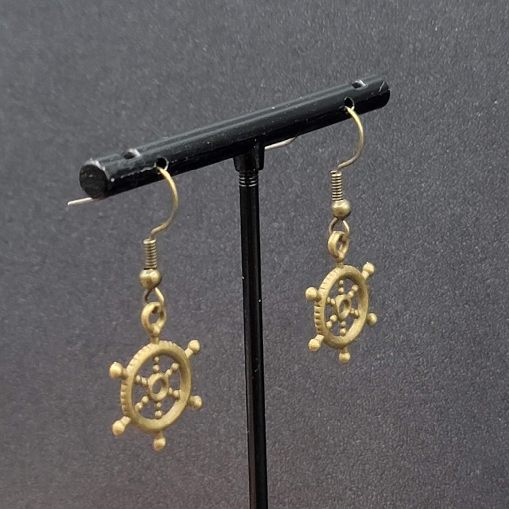 New Nautical Ships Wheel Pierced Earrings Bronze tone Embossed Dangle 3/4"