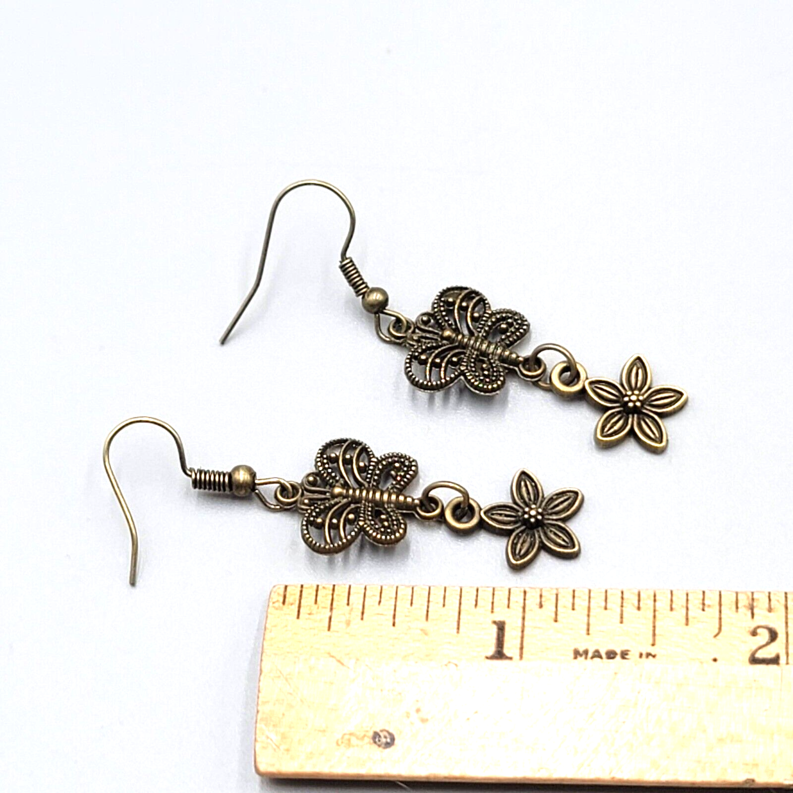 New Filigree Butterfly Flower Pierced Earrings Bronze tone Dangle 1.25"