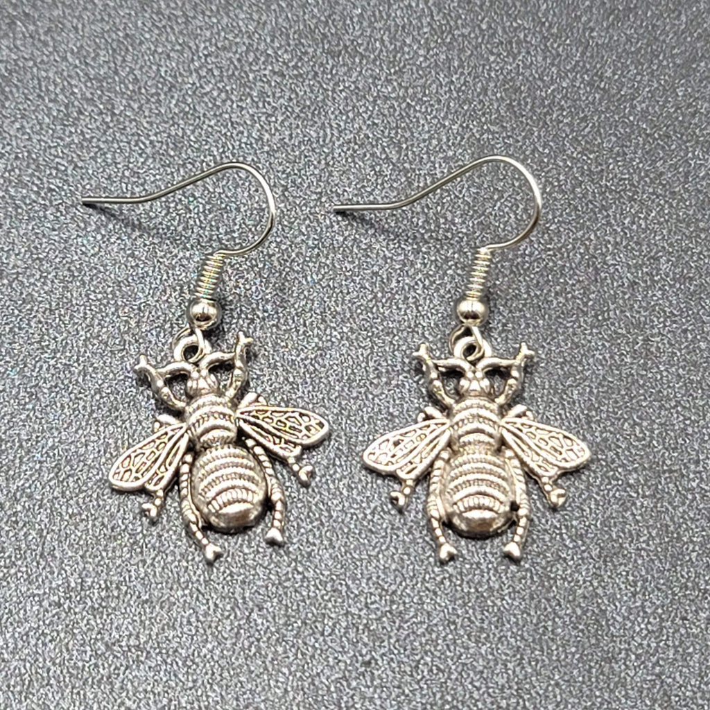 Bee Pierced Earrings Silver tone Fuzzy Embossed Dangle 7/8"