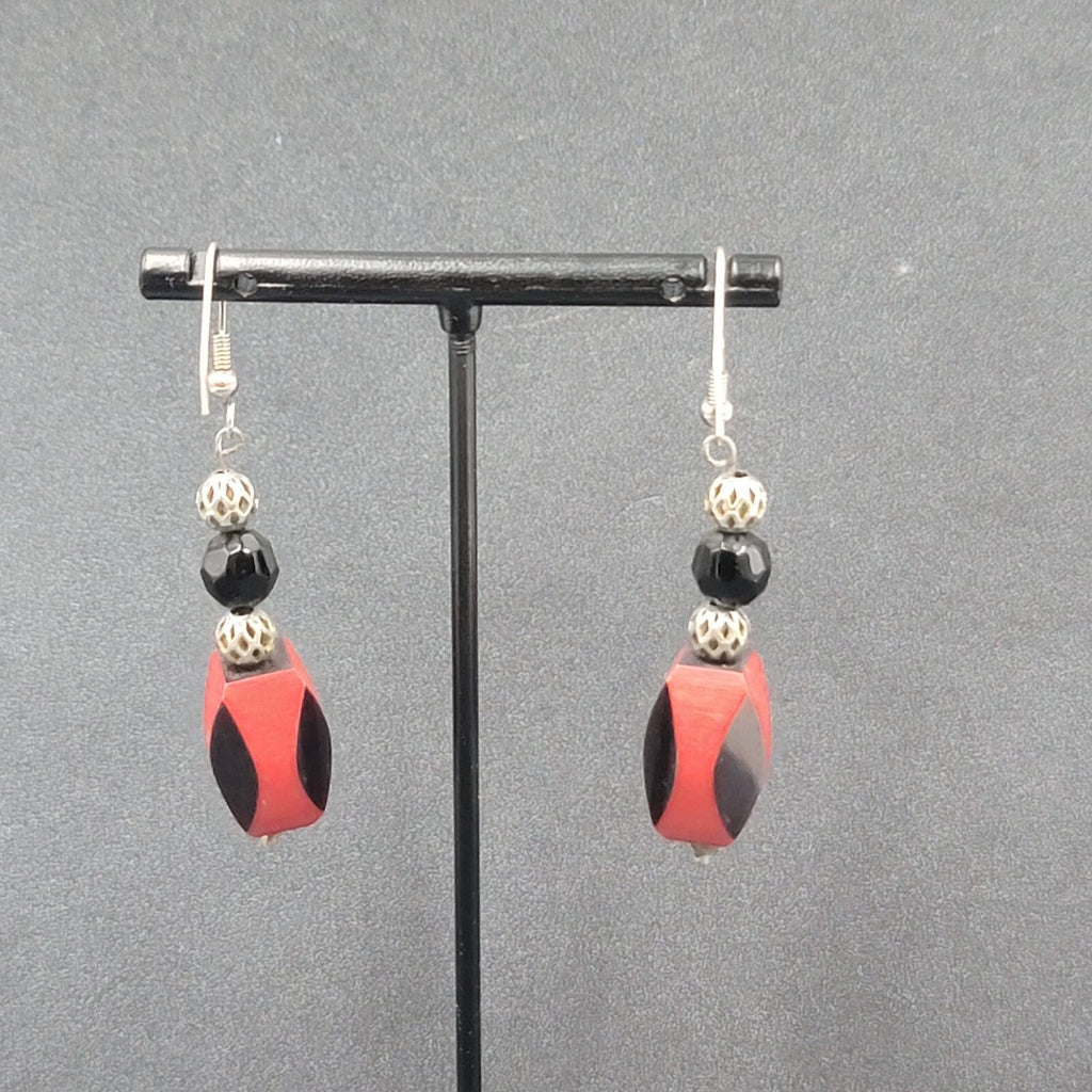 Vintage Pierced Earrings Silver tone Red Black Bead Dangle 1.75"