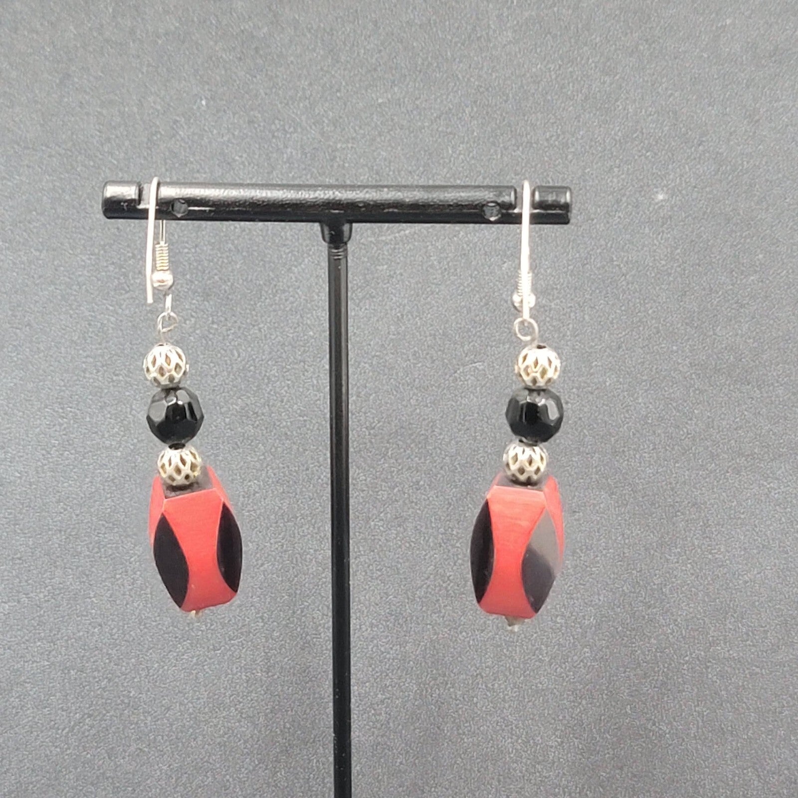Vintage Pierced Earrings Silver tone Red Black Bead Dangle 1.75"