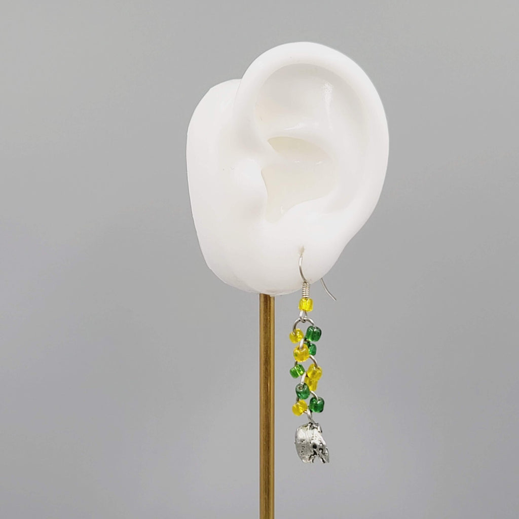 Football Charm Pierced Earrings Green Yellow Bead Dangle 1.5"