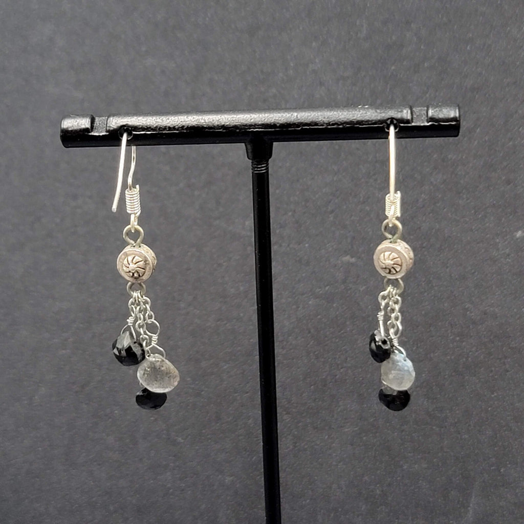 Pierced Earrings Silver tone Black Gray Stones on Dangle Chains 1.25"
