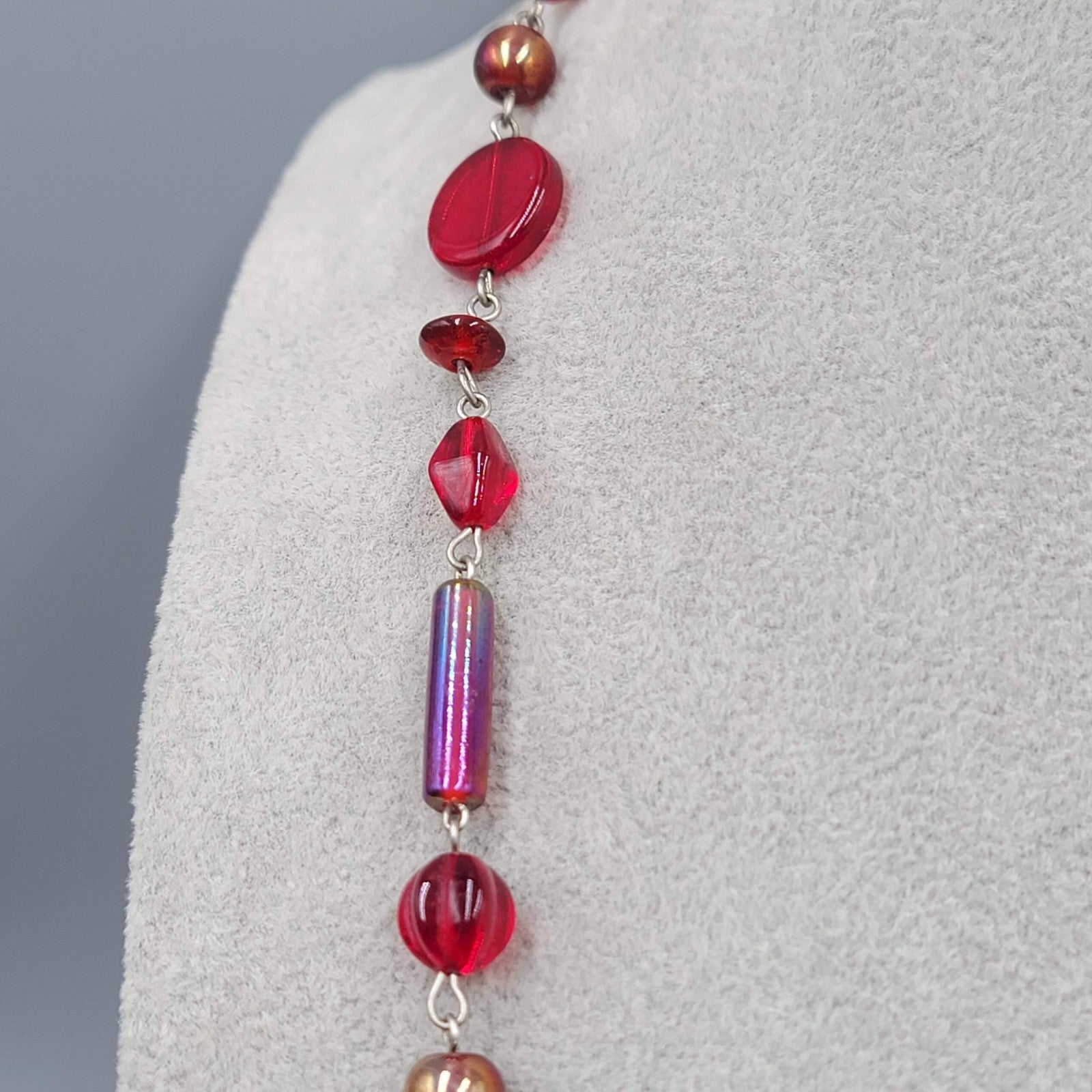 Ann Pedan Red Art Glass Bead Necklace Silver tone Long 26 in