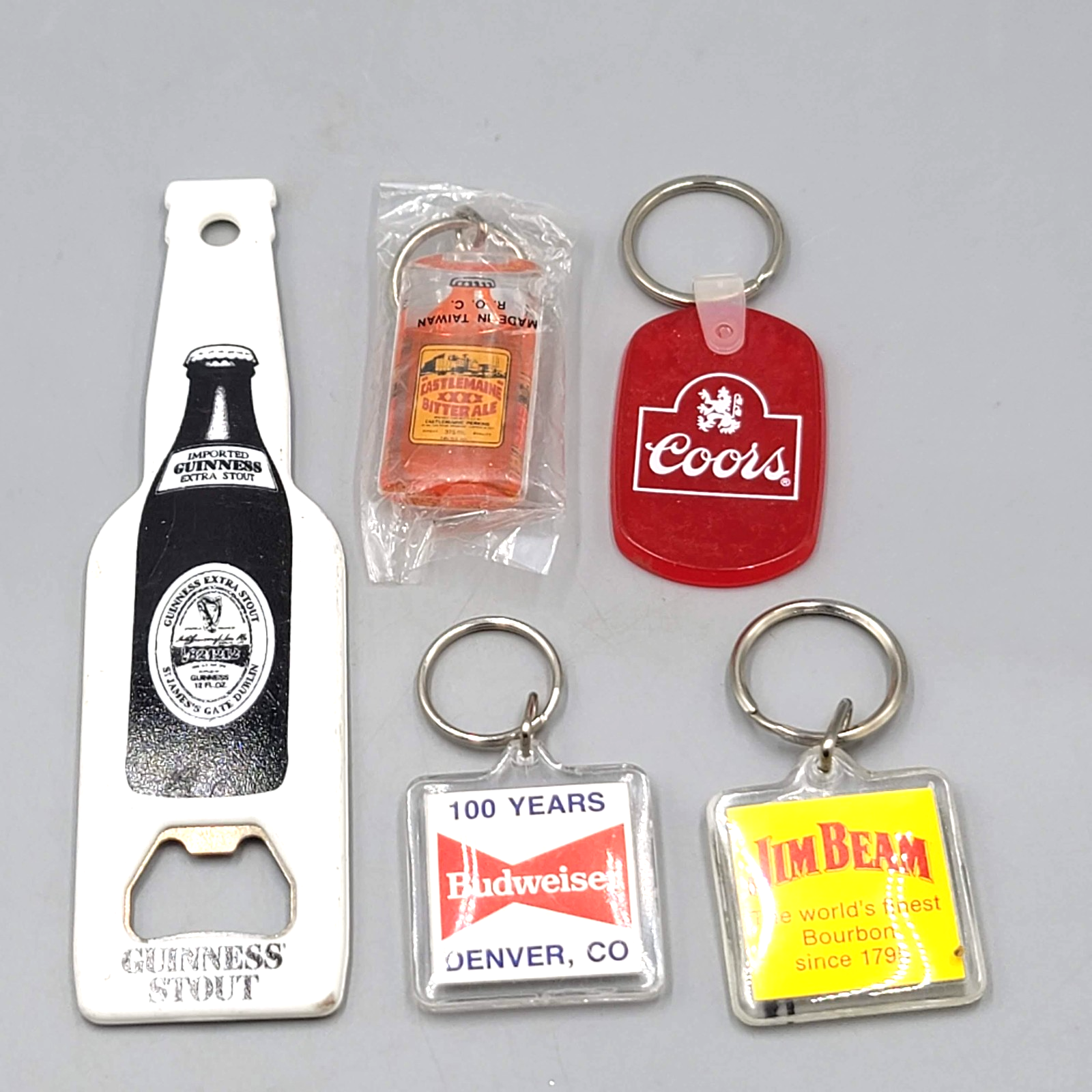 Vintage Beer Keychain Lot Coors Budweiser Jim Beam Castlemaine Guinness Opener