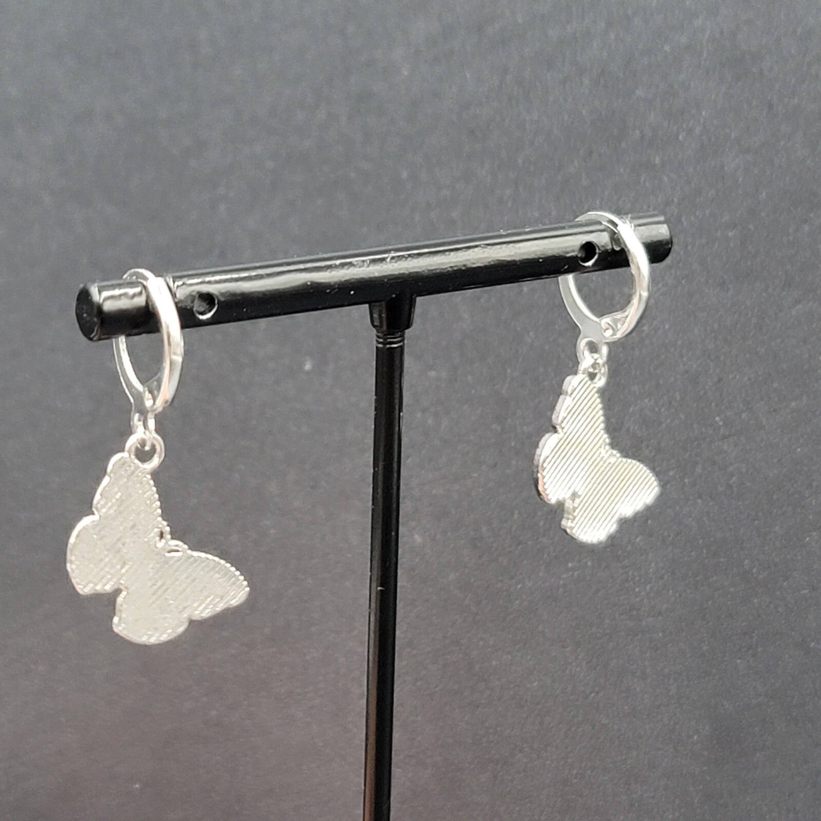 Pierced Earrings Silver tone Pink Butterfly Dangle 3/4"