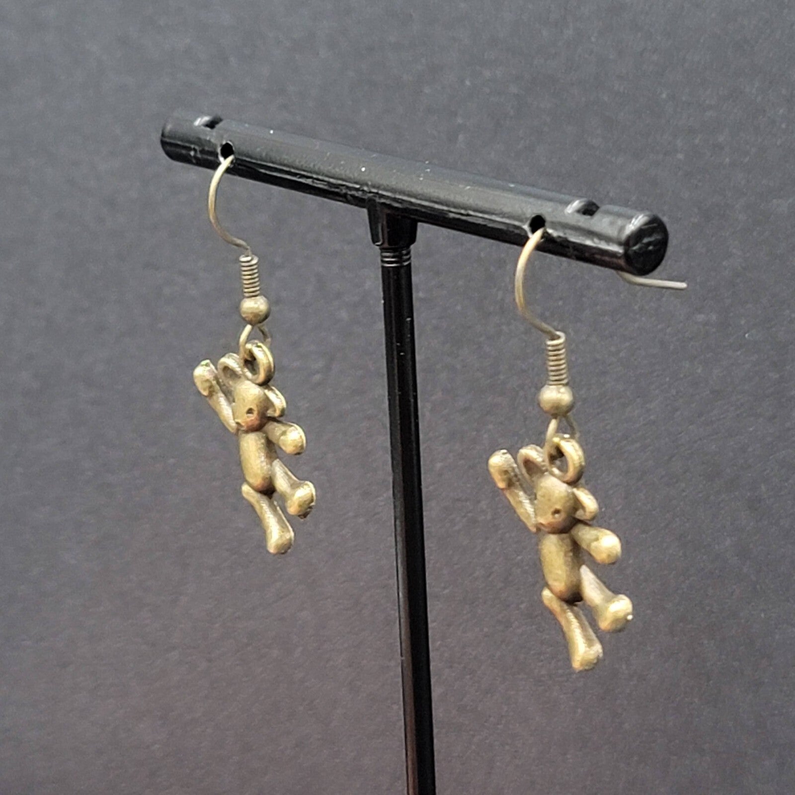 New Hanging Teddy Bear Pierced Earrings Bronze tone Dangle 7/8"