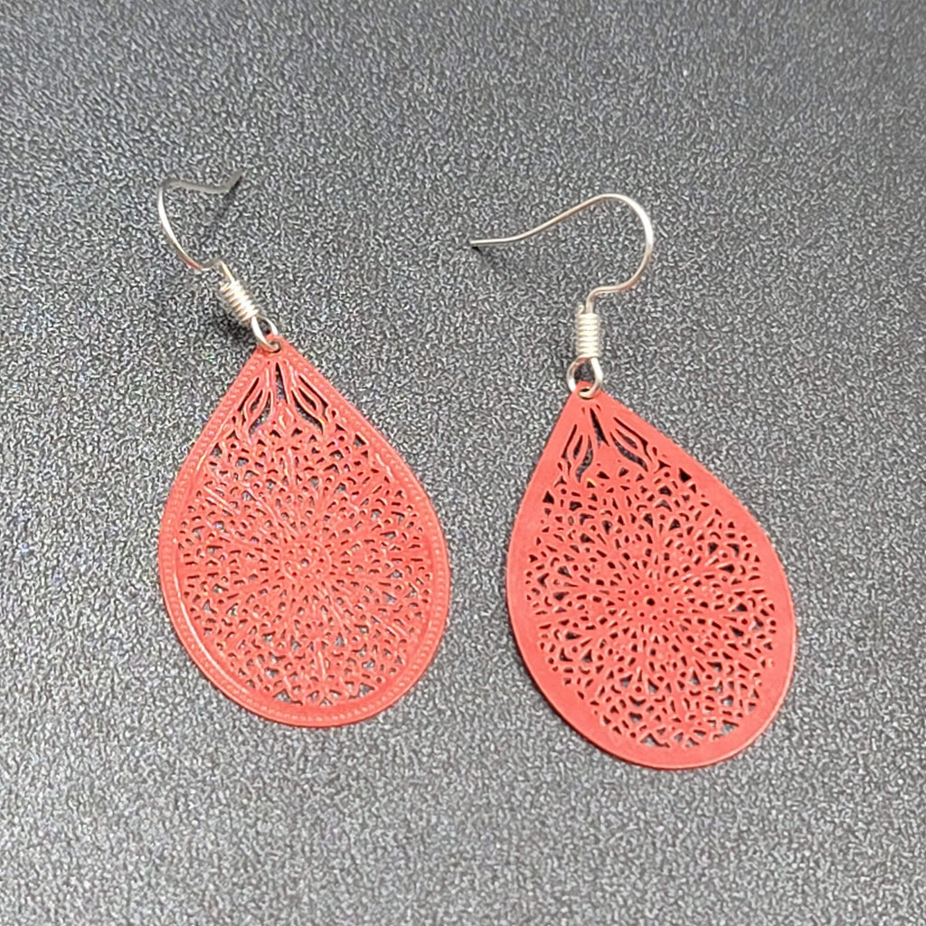 Pierced Earrings Silver tone Red Enamel Open Work Laser cut Teardrop 1 3/8"