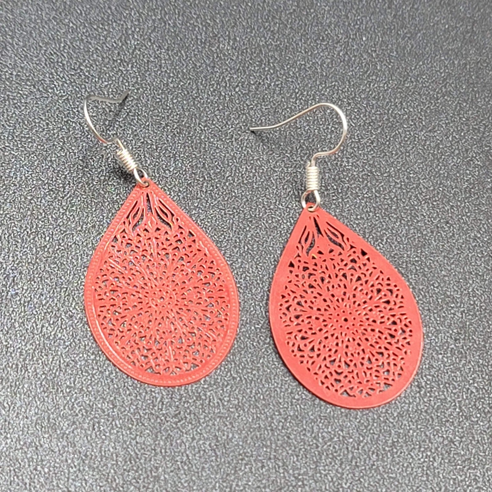 Pierced Earrings Silver tone Red Enamel Open Work Laser cut Teardrop 1 3/8"