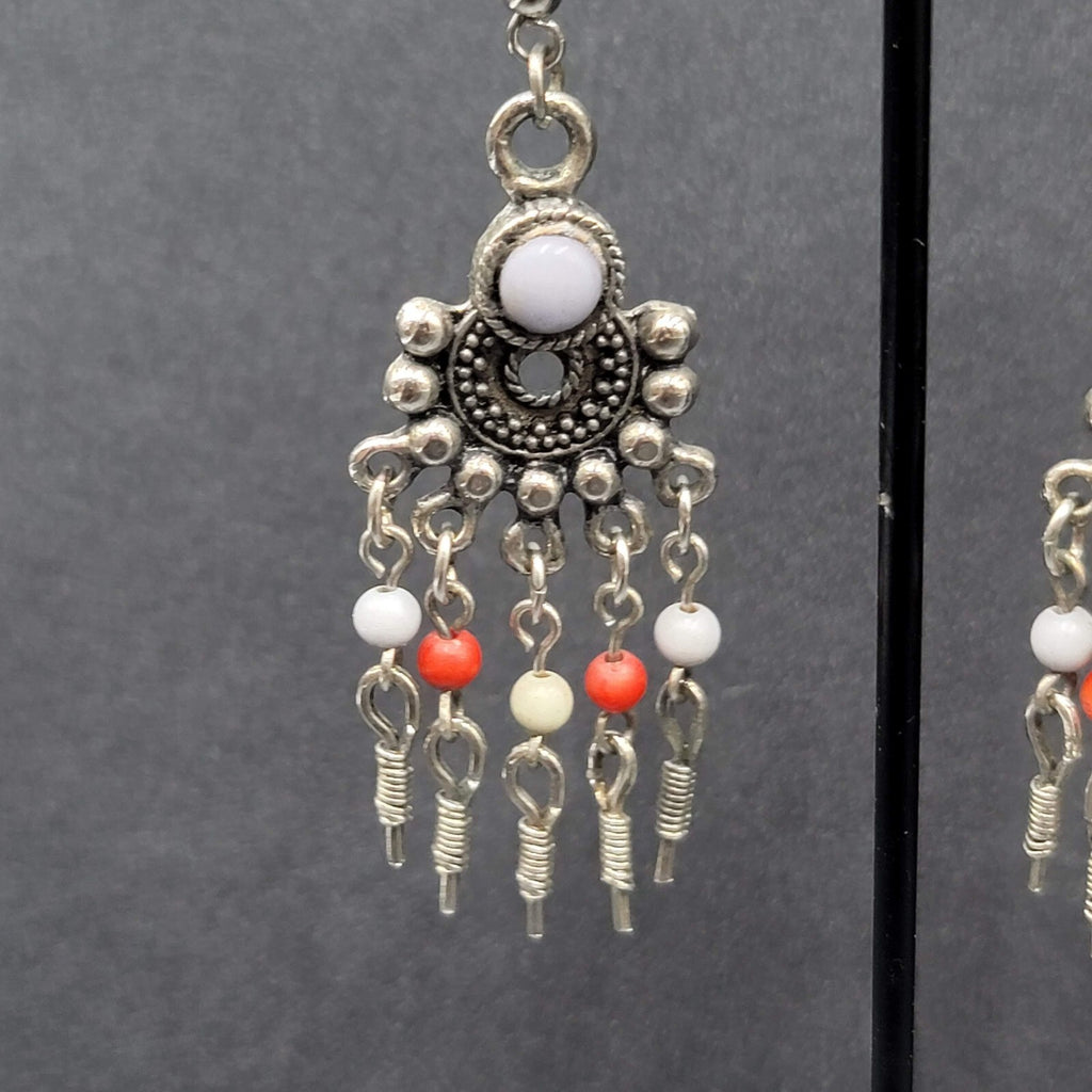 Boho Pierced Earrings Silver tone Beaded Chandelier 2.25"