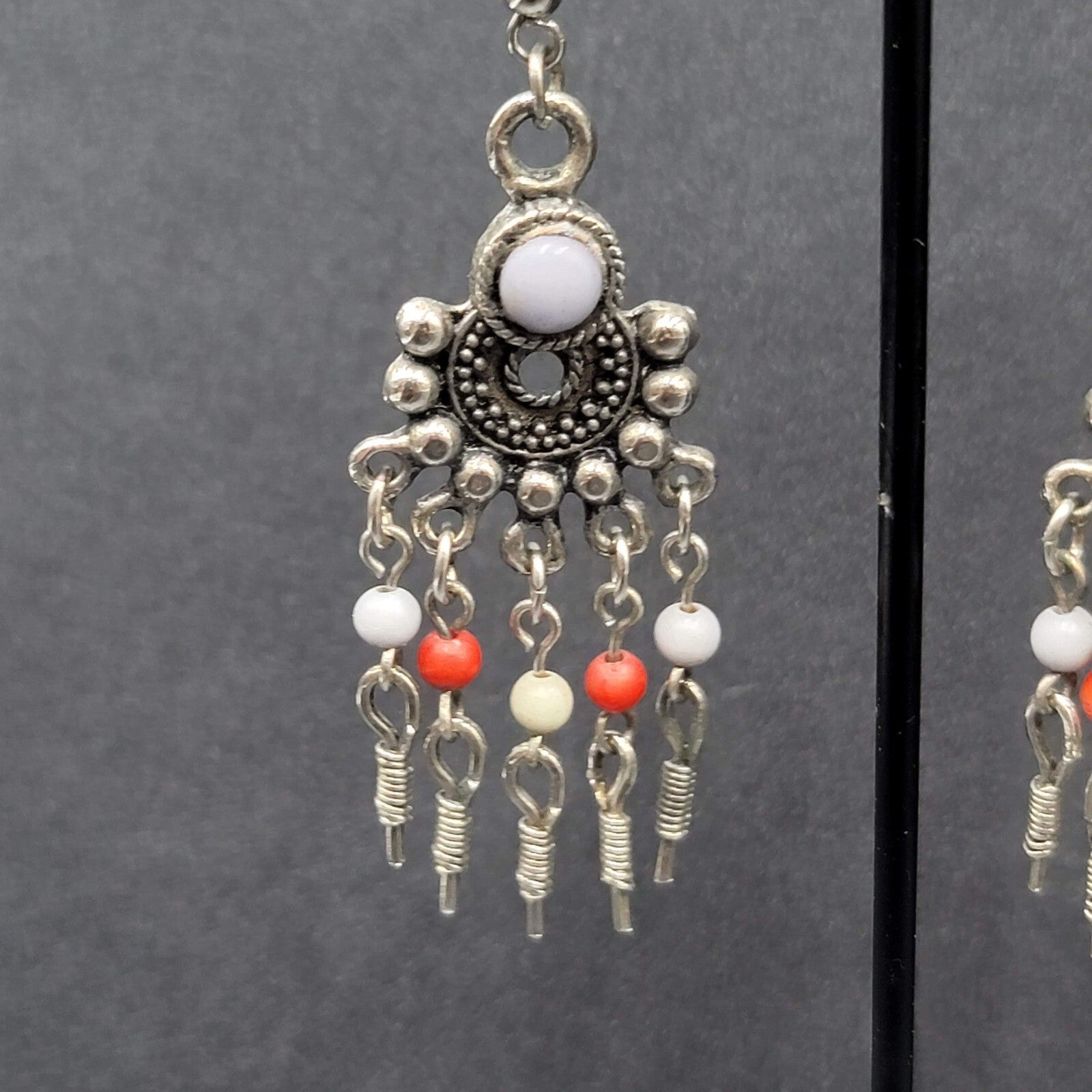 Boho Pierced Earrings Silver tone Beaded Chandelier 2.25"