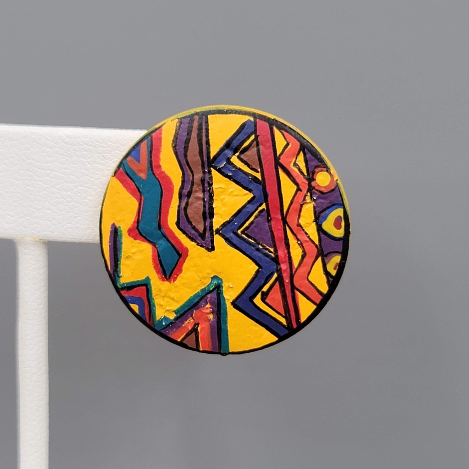 Vintage Pierced Earrings Hand Painted Multicolor Round Drop 1 1/8"