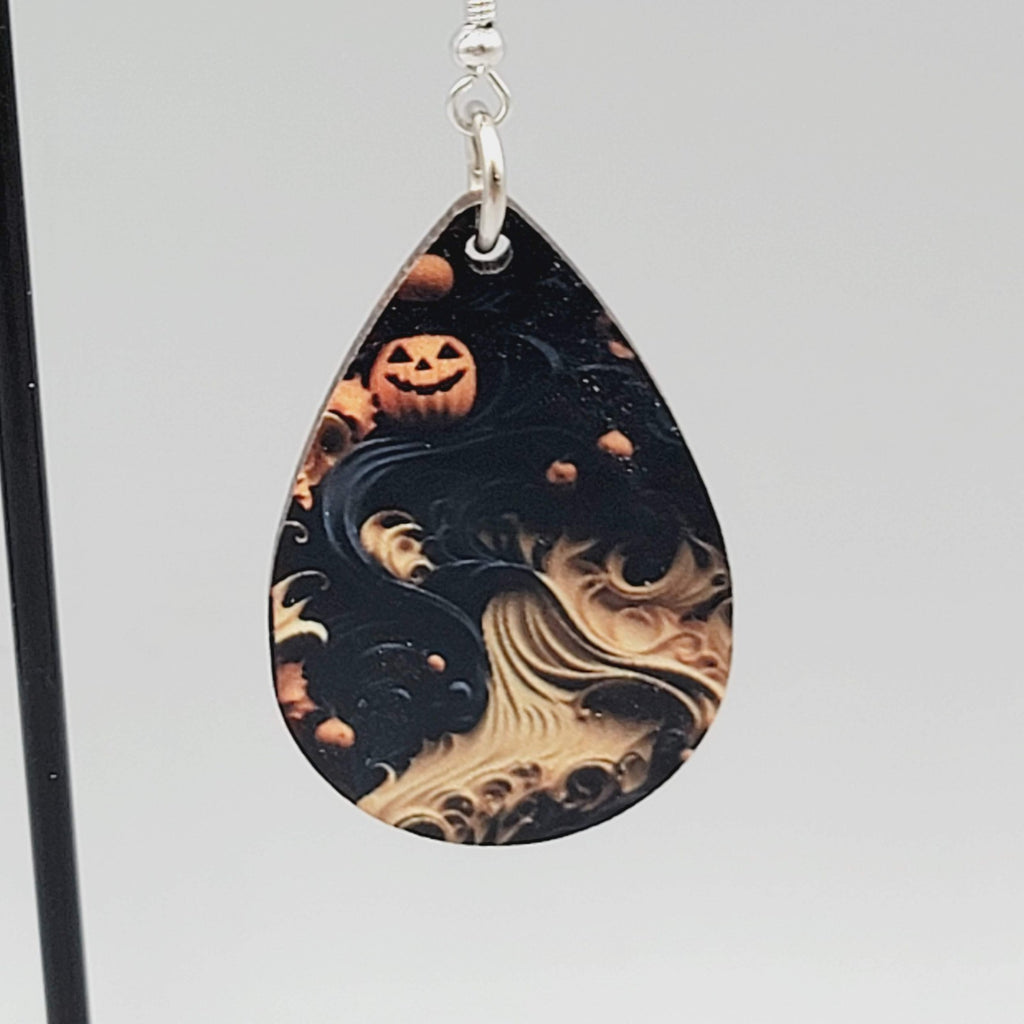Halloween Pierced Earrings Wood Teardrop Dangle Two Sided 1.5"