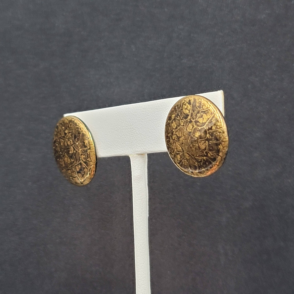 Vintage Pierced Earrings Black Gold Painted Round Ceramic Studs 3/4"