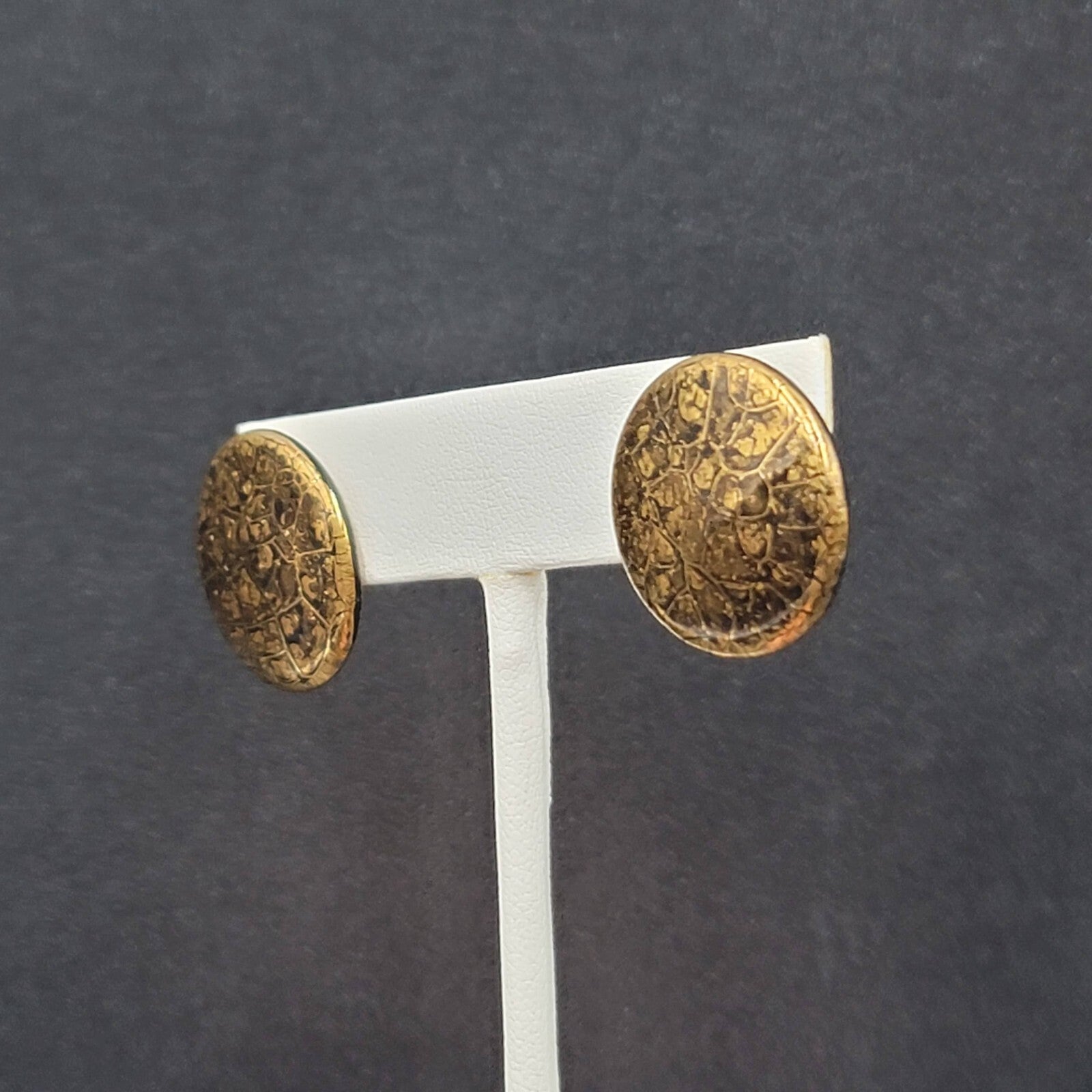 Vintage Pierced Earrings Black Gold Painted Round Ceramic Studs 3/4"