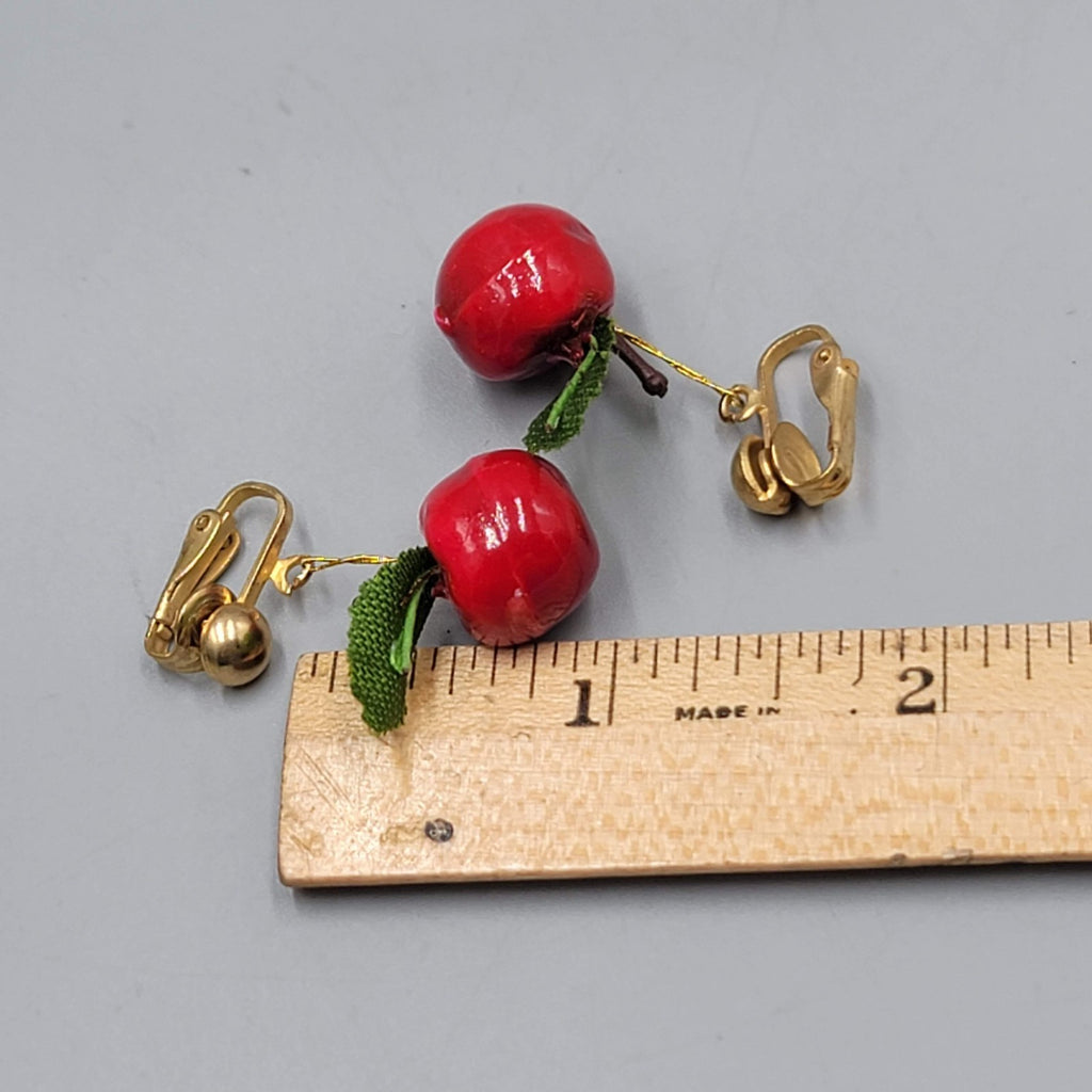 Vintage Apple Clip on Earrings Gold tone Dangle 1 in
