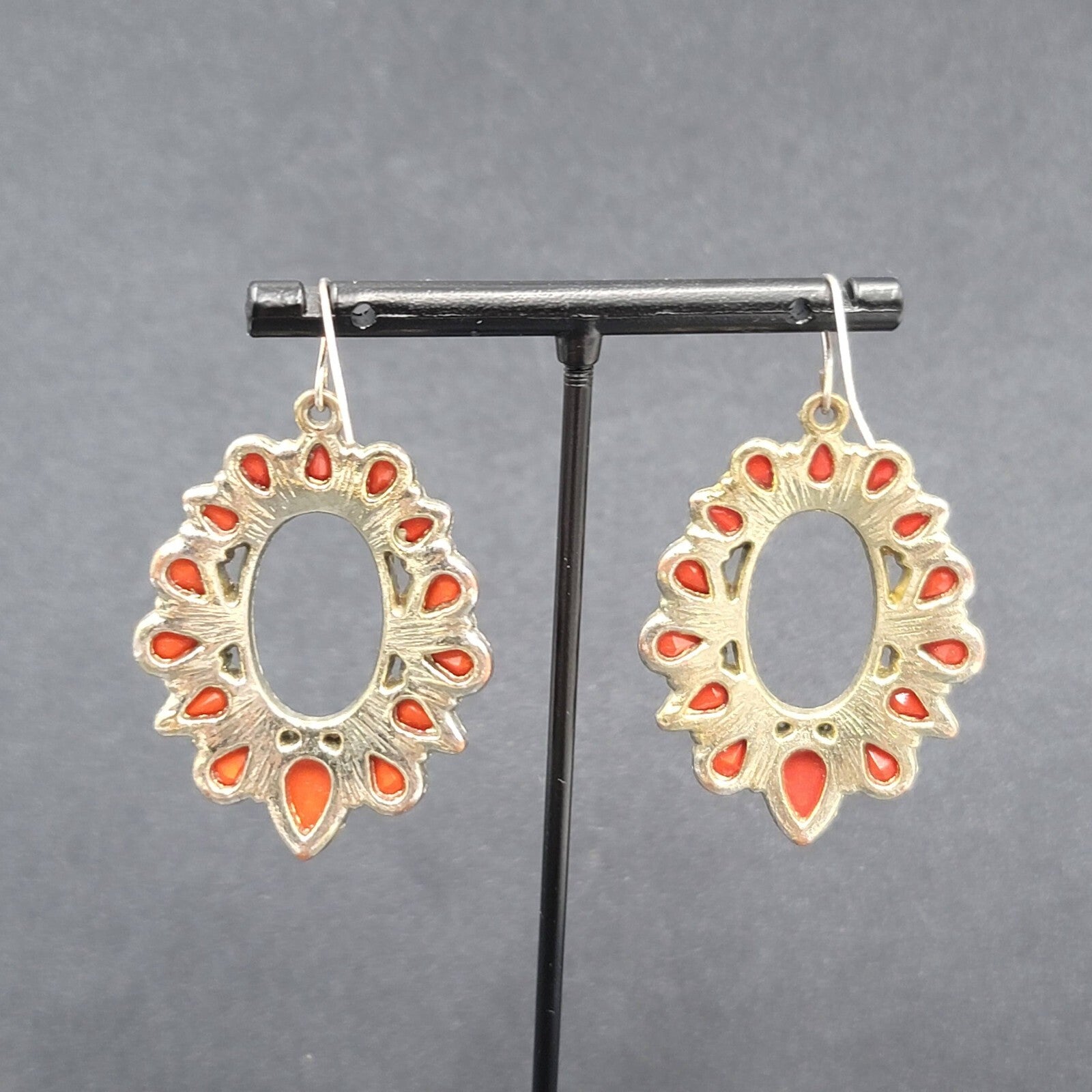 Pierced Earrings Gold tone Orange Open Teardrop Dangle 1.75"
