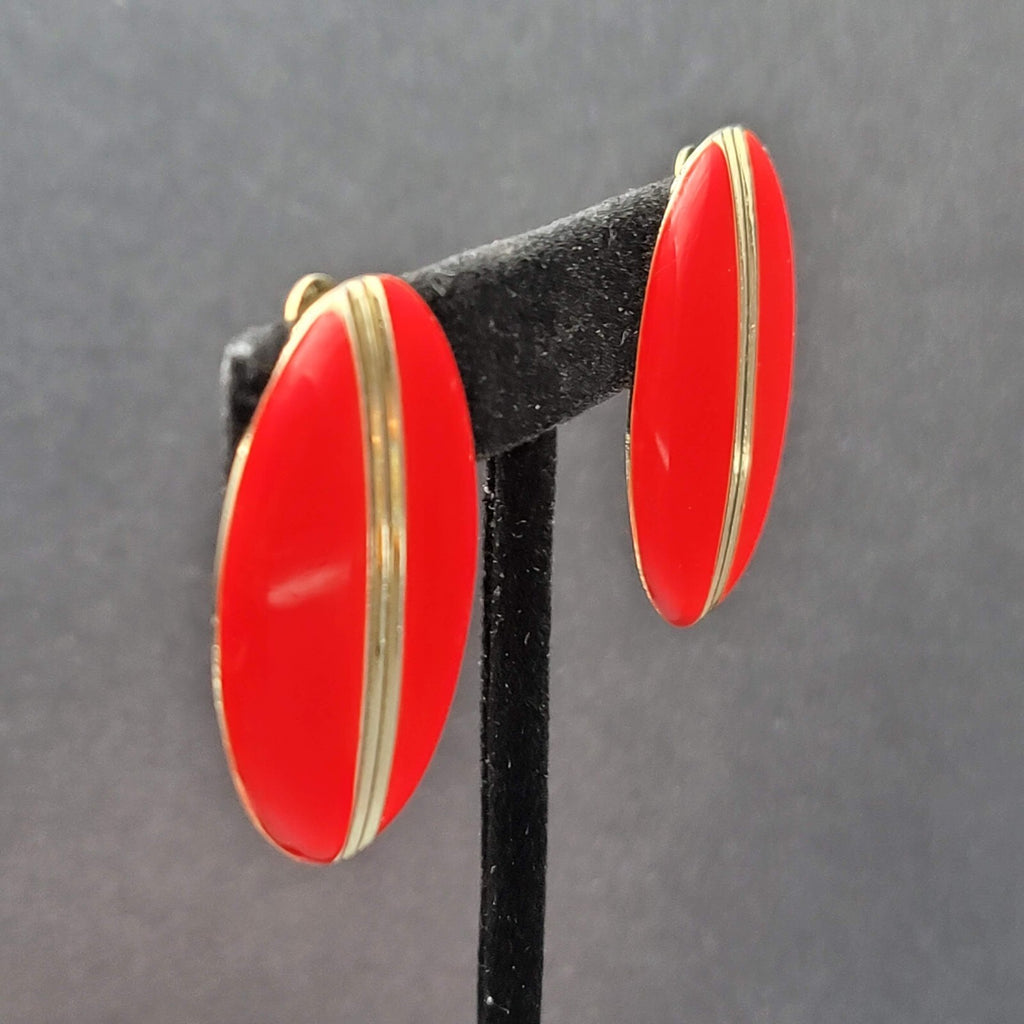 Vintage Clip on Earrings Red Enamel Gold tone Oval Drop Lightweight 1.5"