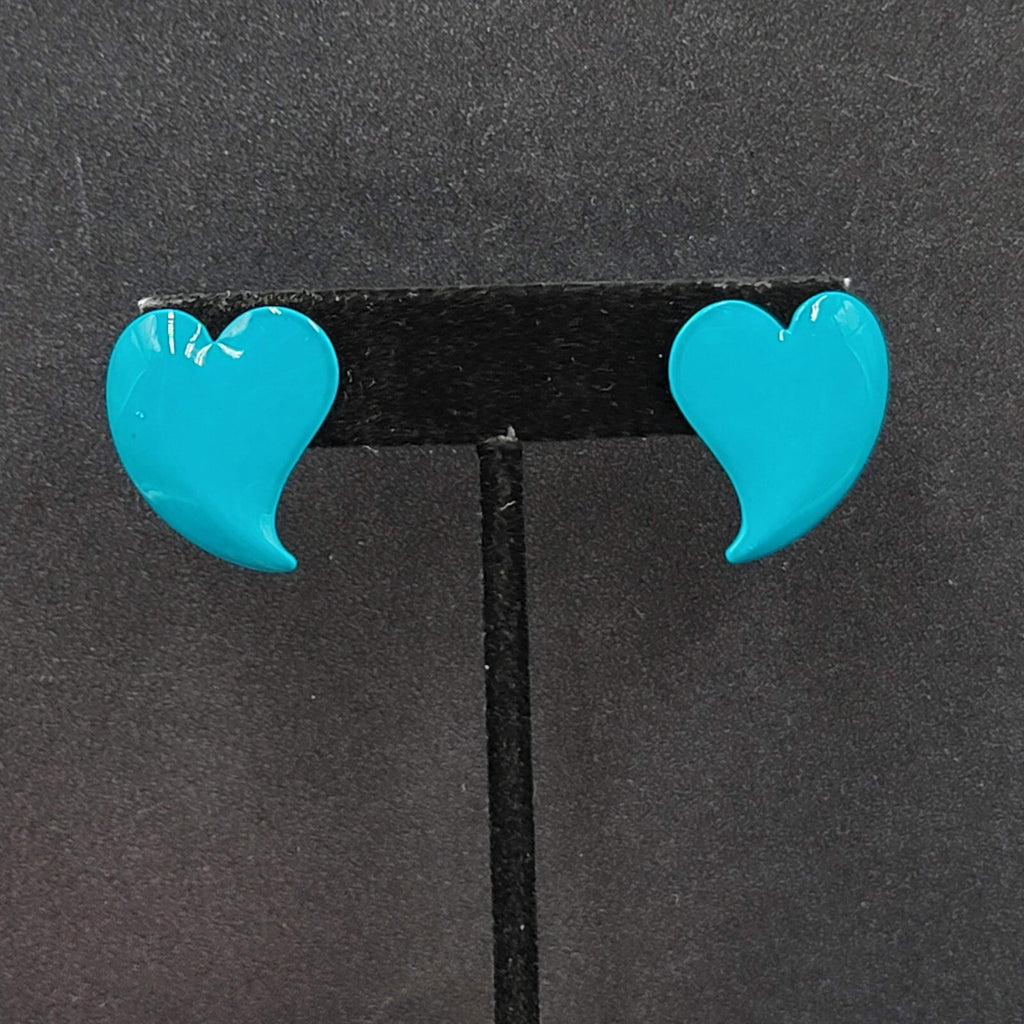 Vintage Pierced Earrings Blue Enamel Heart 1"