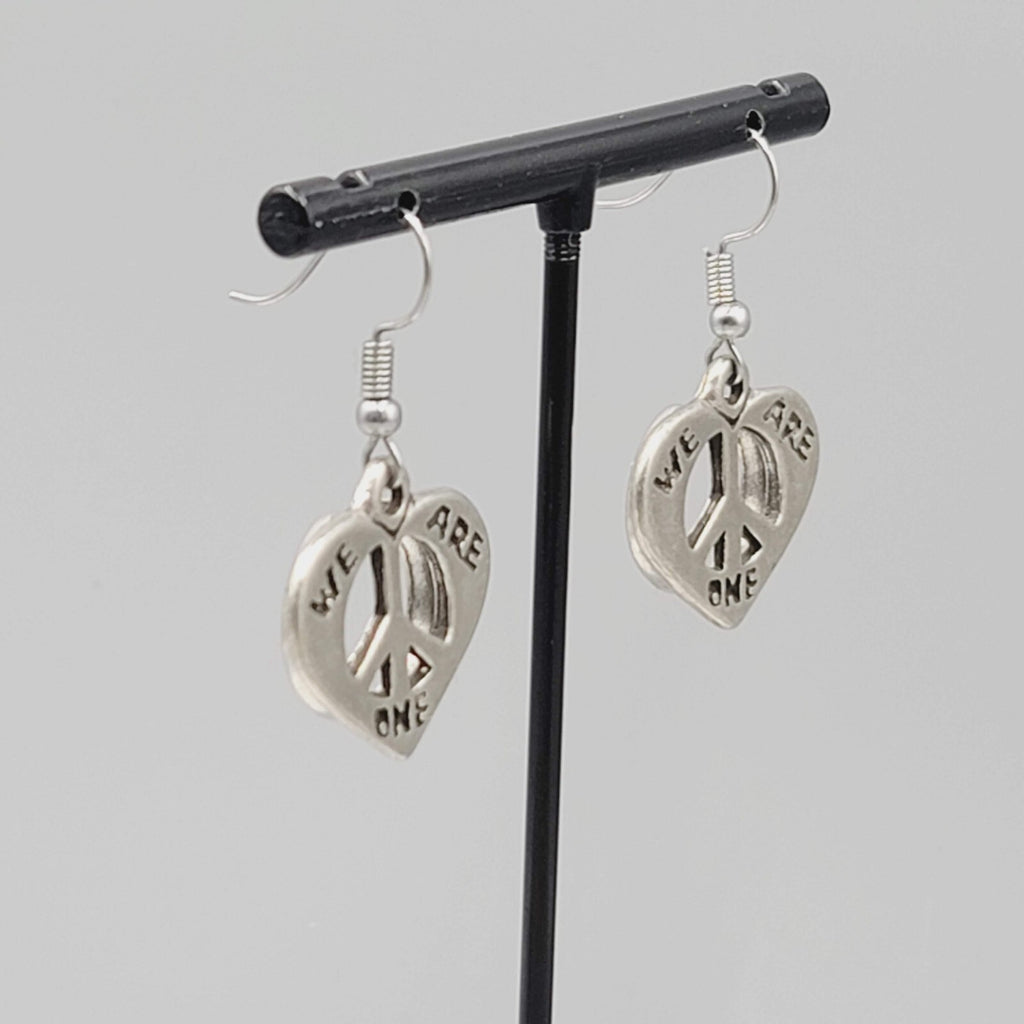We Are One Peace Heart Pierced Earrings Silver tone Dangle 7/8"