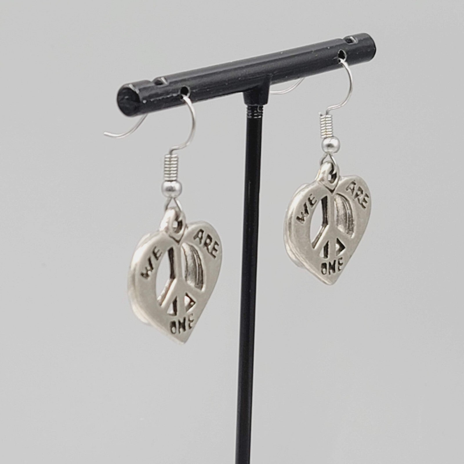 We Are One Peace Heart Pierced Earrings Silver tone Dangle 7/8"