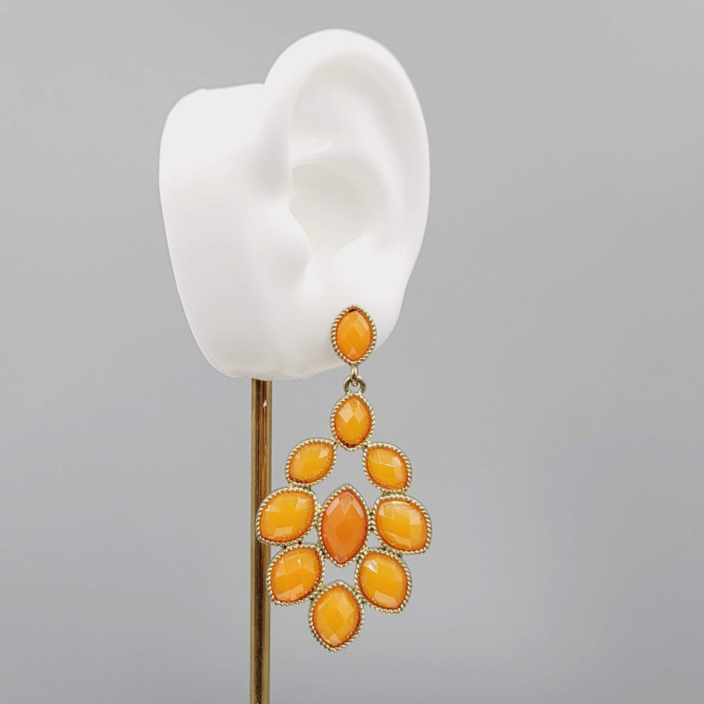 Statement Dangle Pierced Earrings Gold Tone Faceted Orange Bold Costume 2.5"