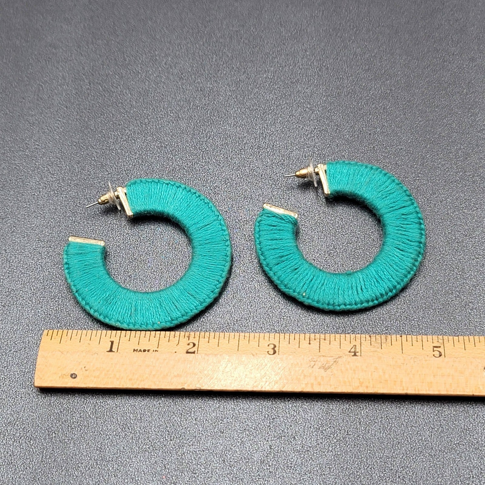 Pierced Earrings Gold tone Turquoise Blue Thread Wrapped Hoops 2 1/8"
