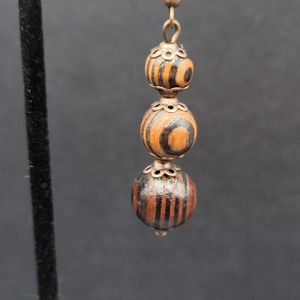 New Boho Pierced Earrings Copper tone Capped Wood Beads Dangle 1.5"