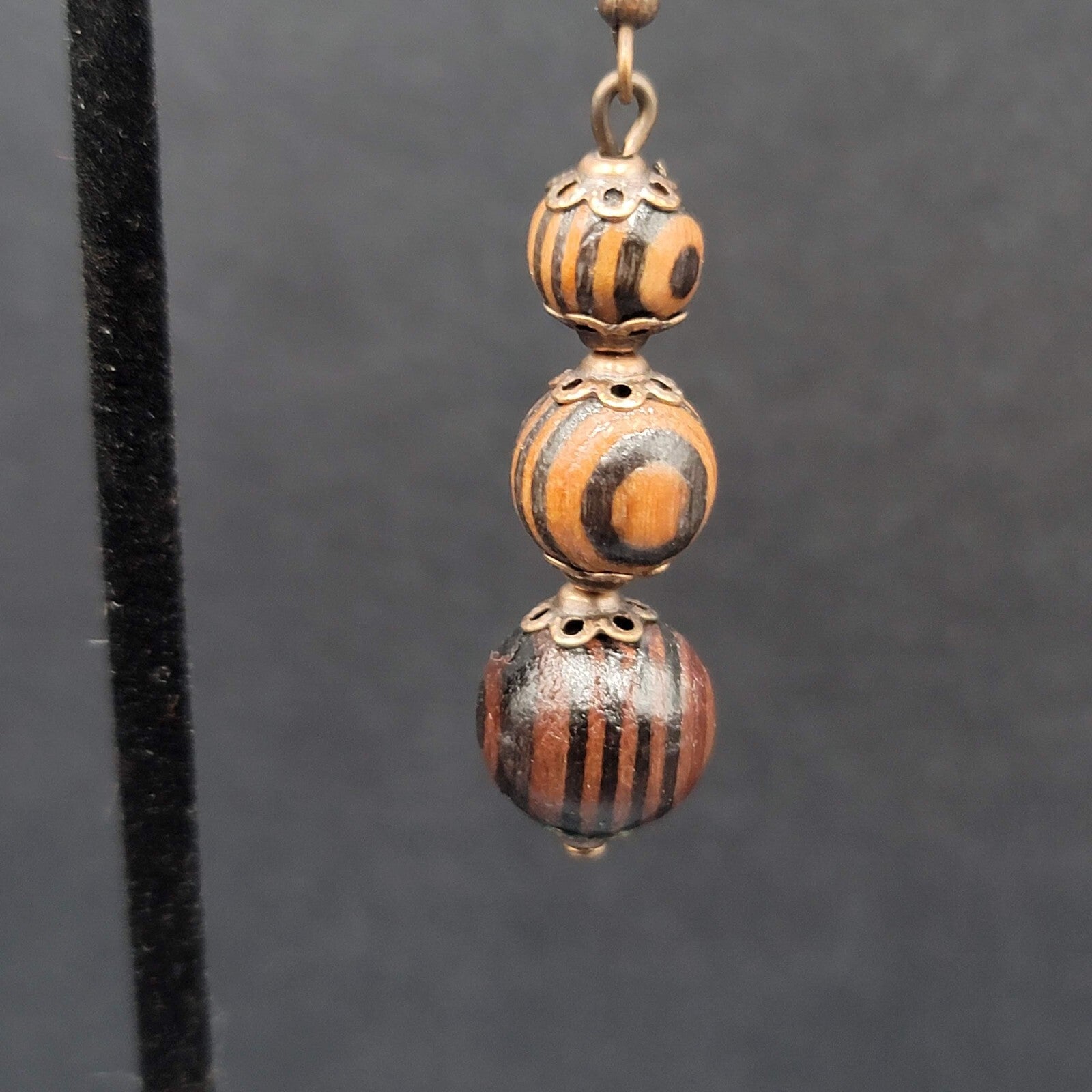 New Boho Pierced Earrings Copper tone Capped Wood Beads Dangle 1.5"