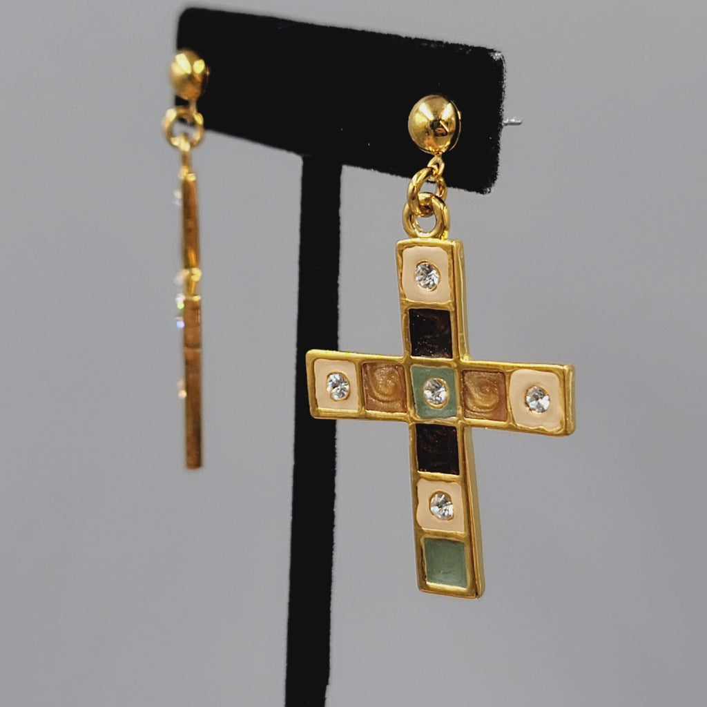 Cross Pierced Earrings Gold Plated Enamel Rhinestone Crystal Dangle 1.75"