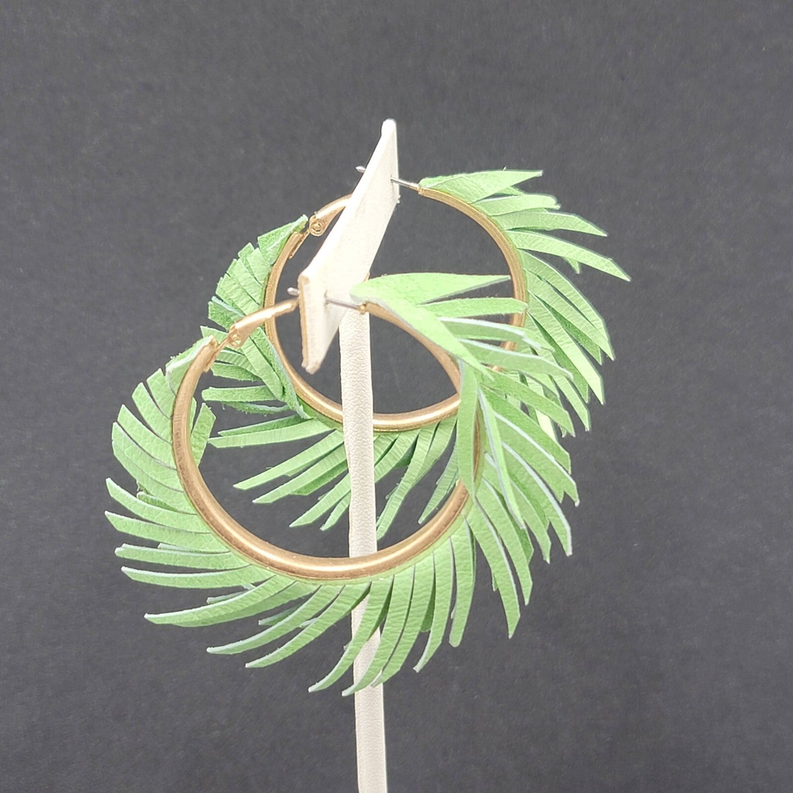 Pierced Earrings Green Fringe Gold tone Hoops Dangle