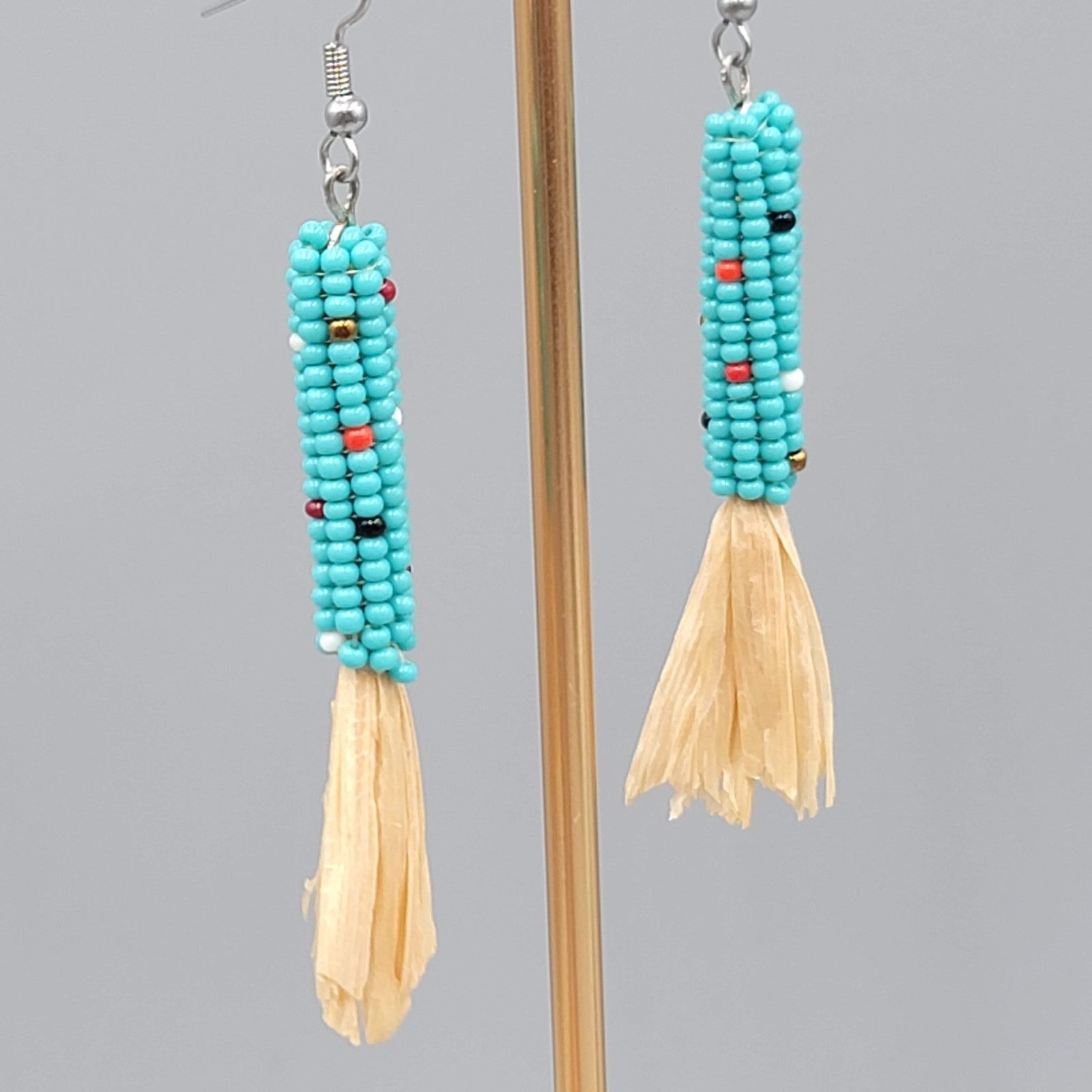 Blue Seed Bead Corn Maize Pierced Earrings Silver tone Dangle Southwest 2.25 in