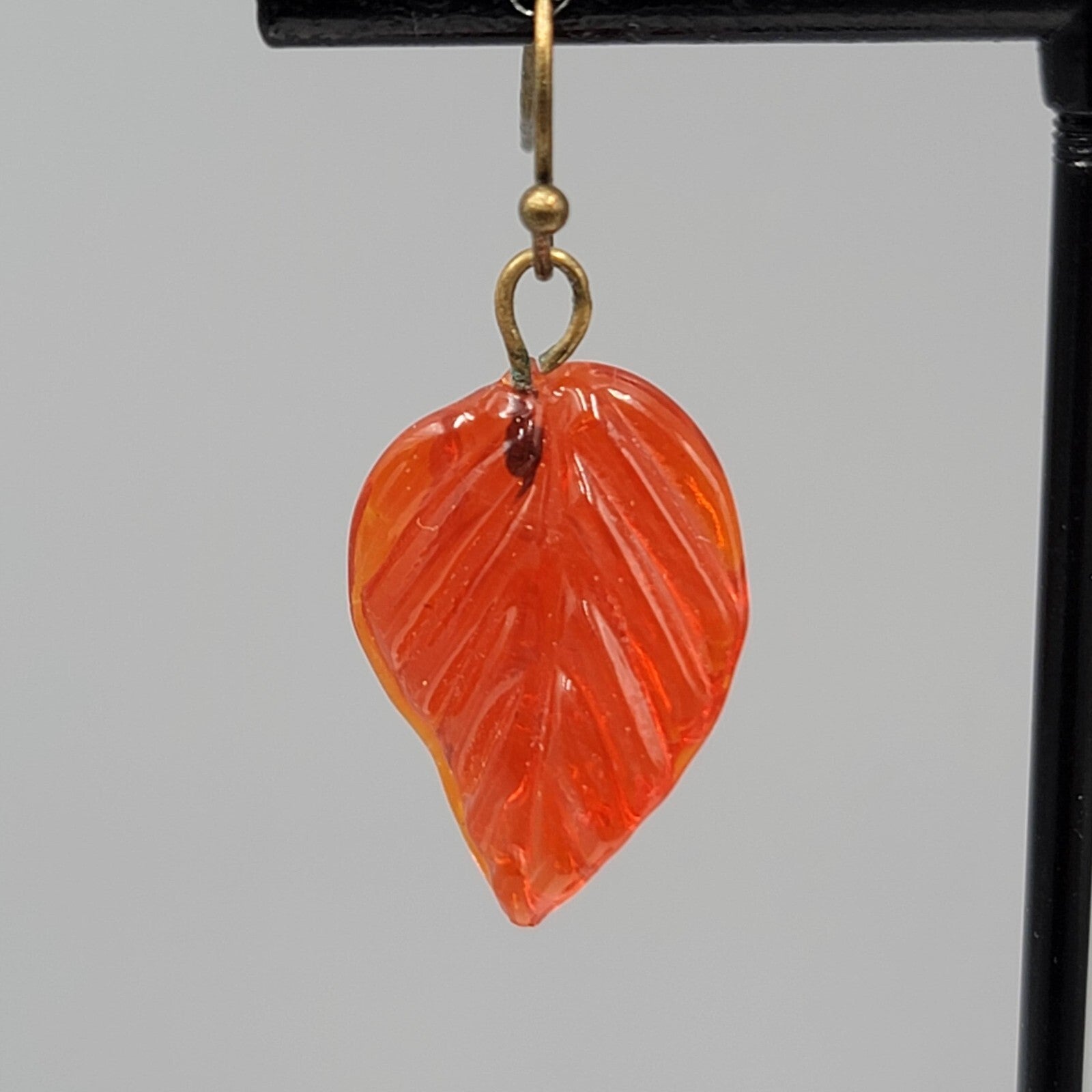 Orange Glass Leaf Pierced Earrings Bronze tone Dangle 1"