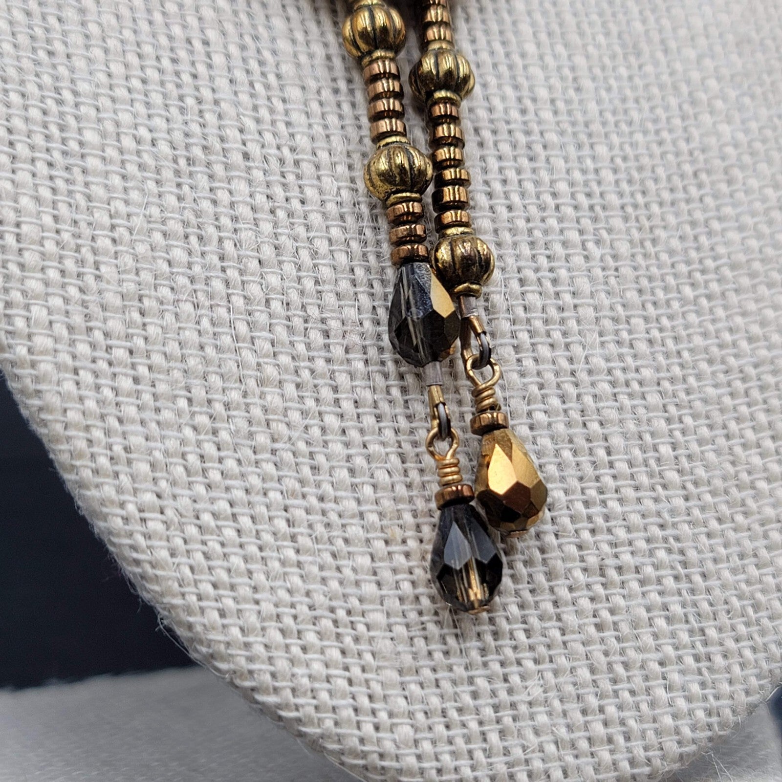 Signed Holly Necklace Gold tone Seed Bead White Stone Pendant Tassels 16"-18"