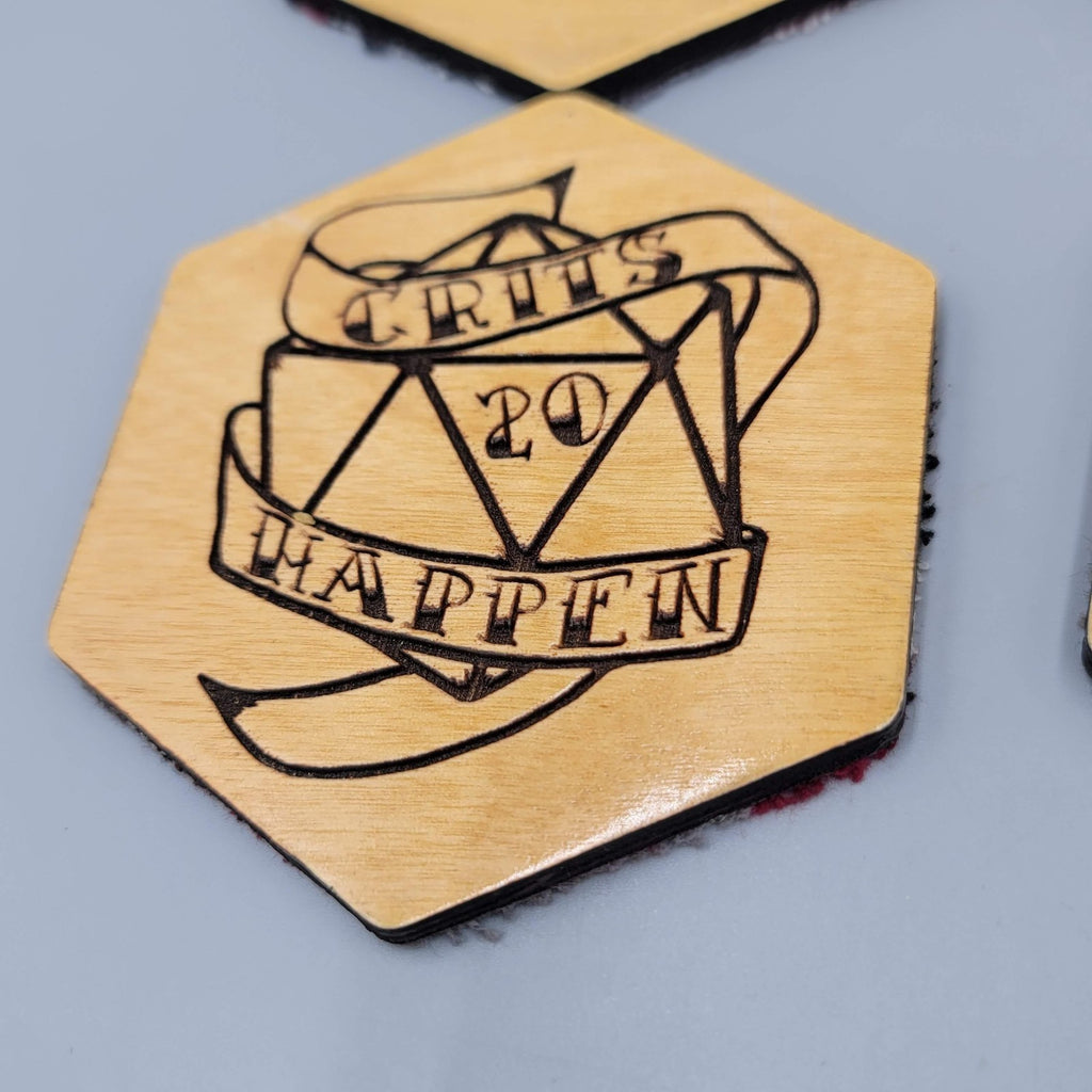DND Dice Wooden Coaster Set Tabletop RPG Crit Happens Roll With It Natural Gift