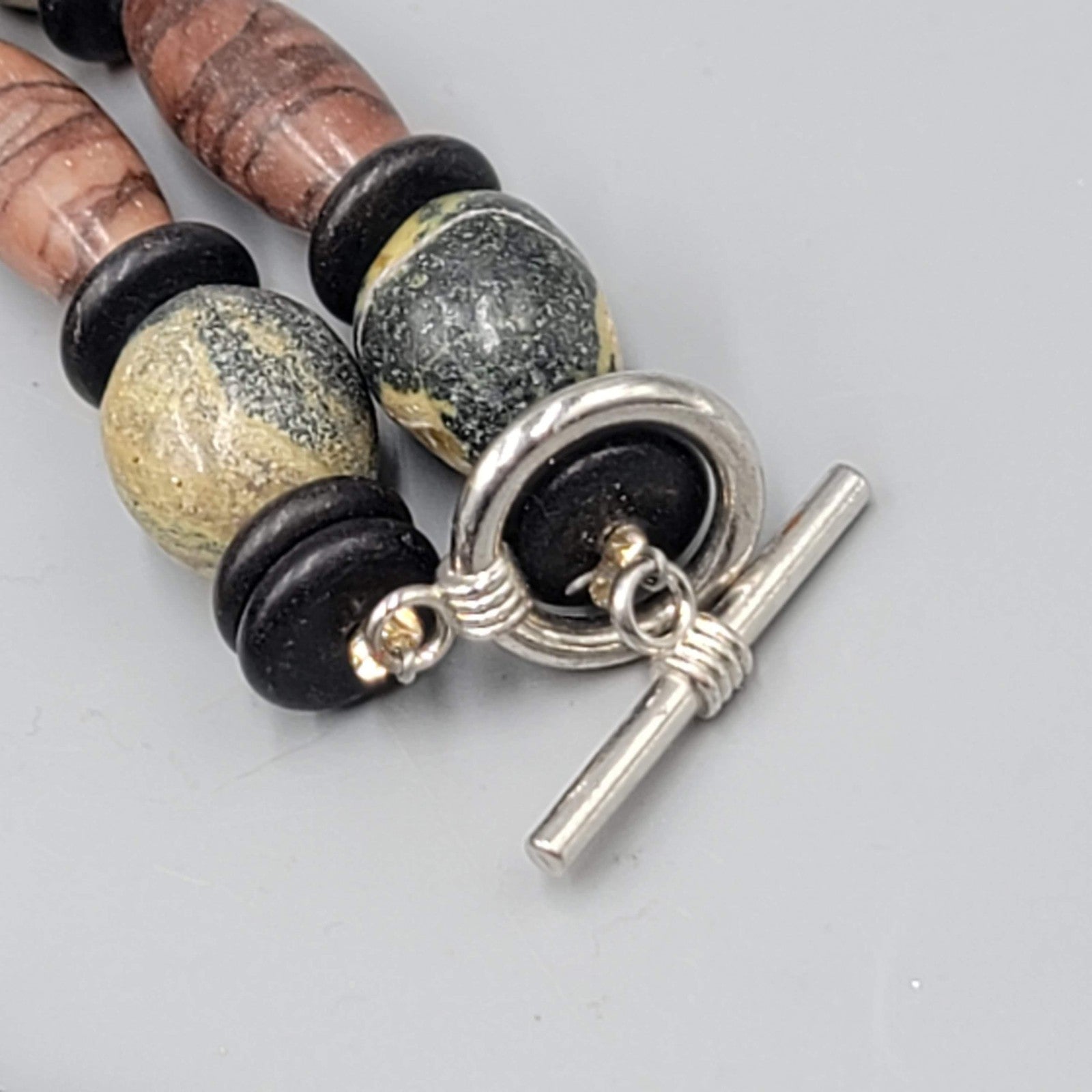 Elephant Pendant Necklace Mixed Stone Beads Toggle Clasp 24 in African Motif