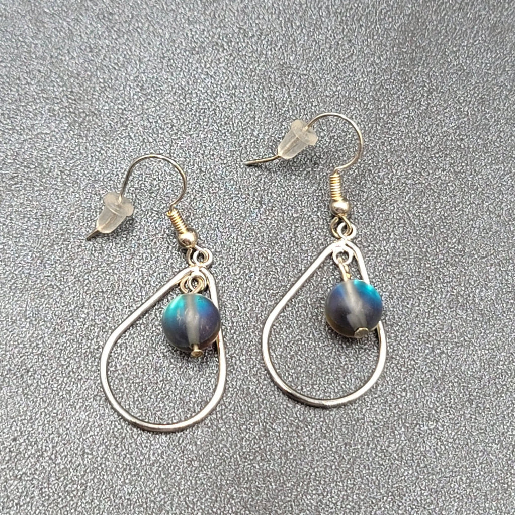 Pierced Earrings Silver tone Blue Gray Bead Teardrop Dangle 1 1/8"