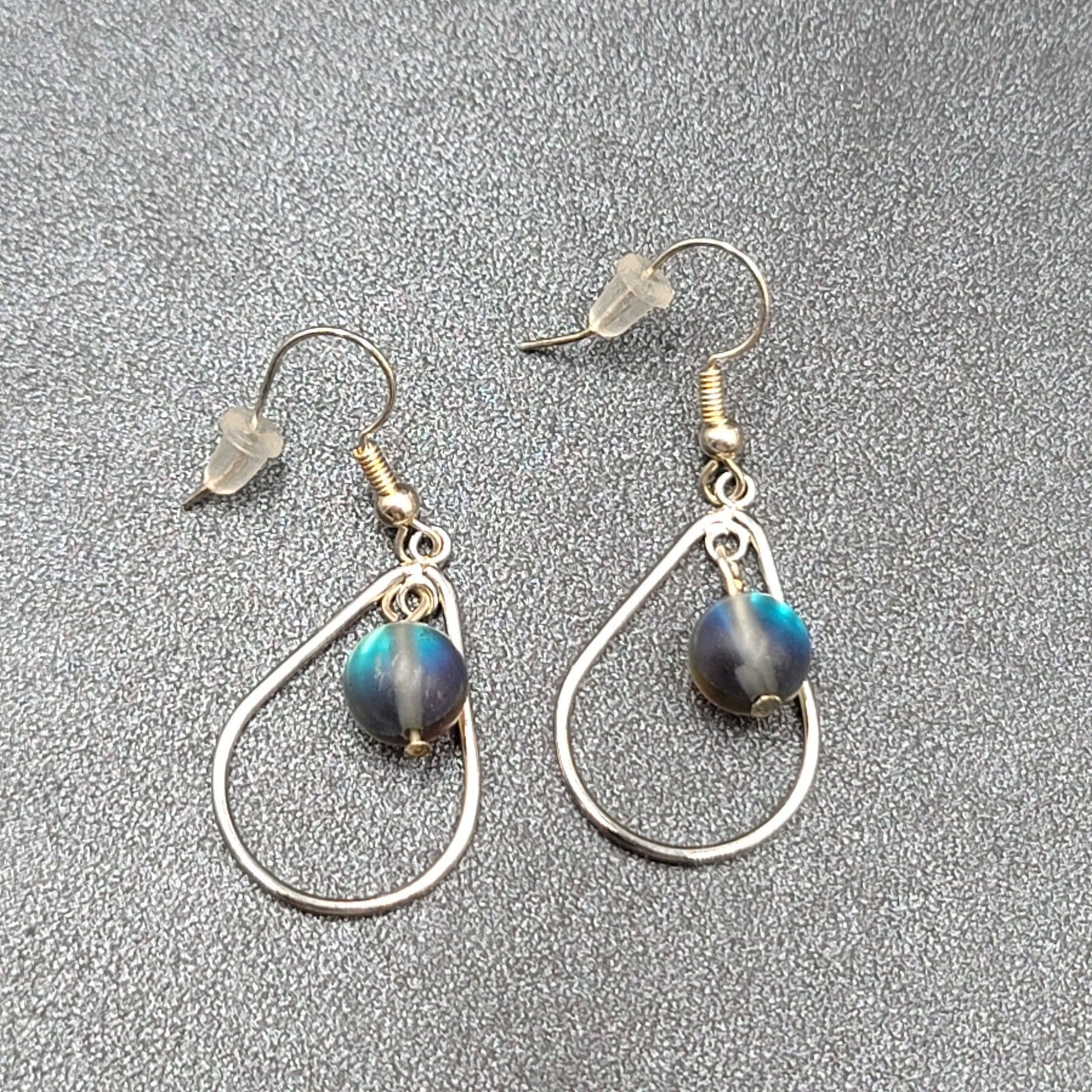 Pierced Earrings Silver tone Blue Gray Bead Teardrop Dangle 1 1/8"