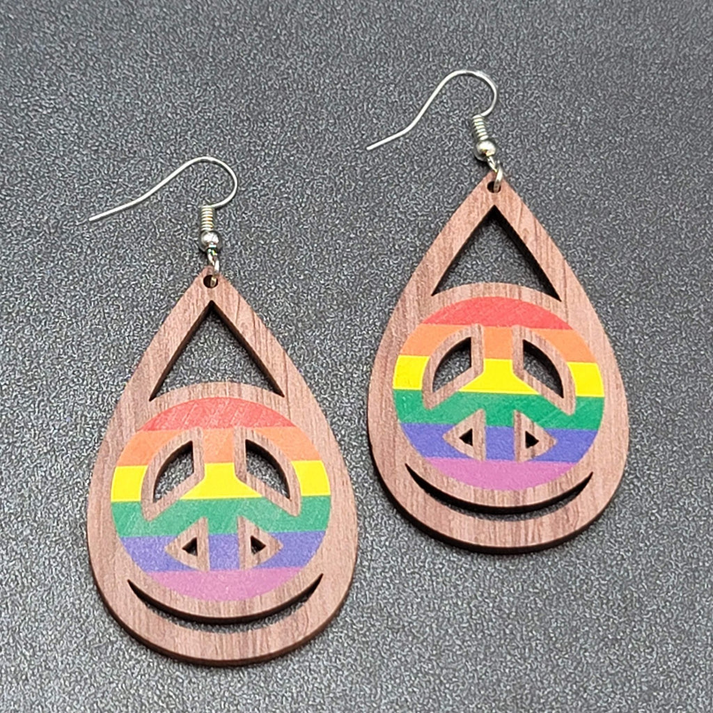 New PRIDE Peace Sign Pierced Earrings Rainbow Wood Teardrop Dangle 2.25"